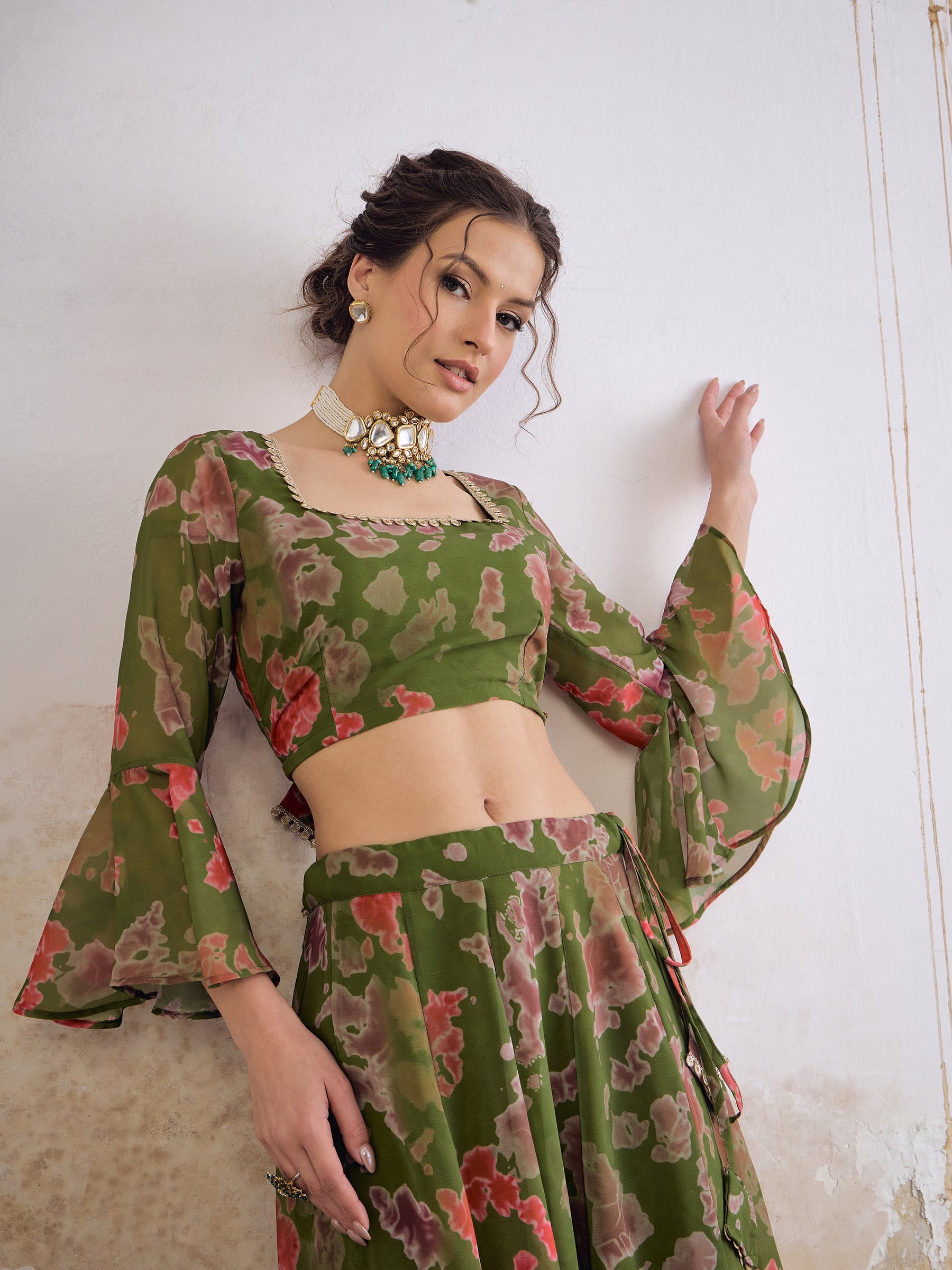 Green Tie & dye Crop Top With Anarkali Skirt-Shae by SASSAFRAS