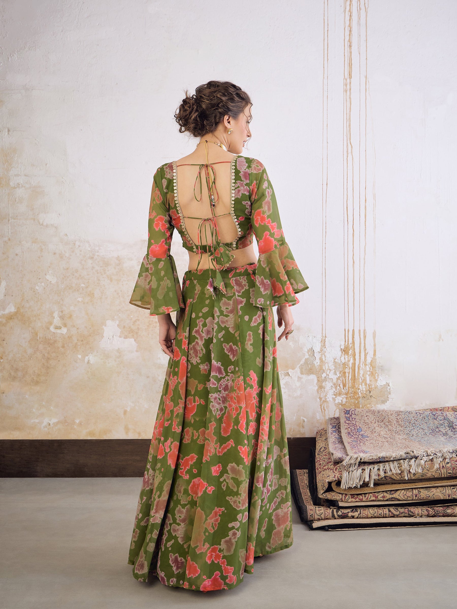 Green Tie & dye Crop Top With Anarkali Skirt-Shae by SASSAFRAS