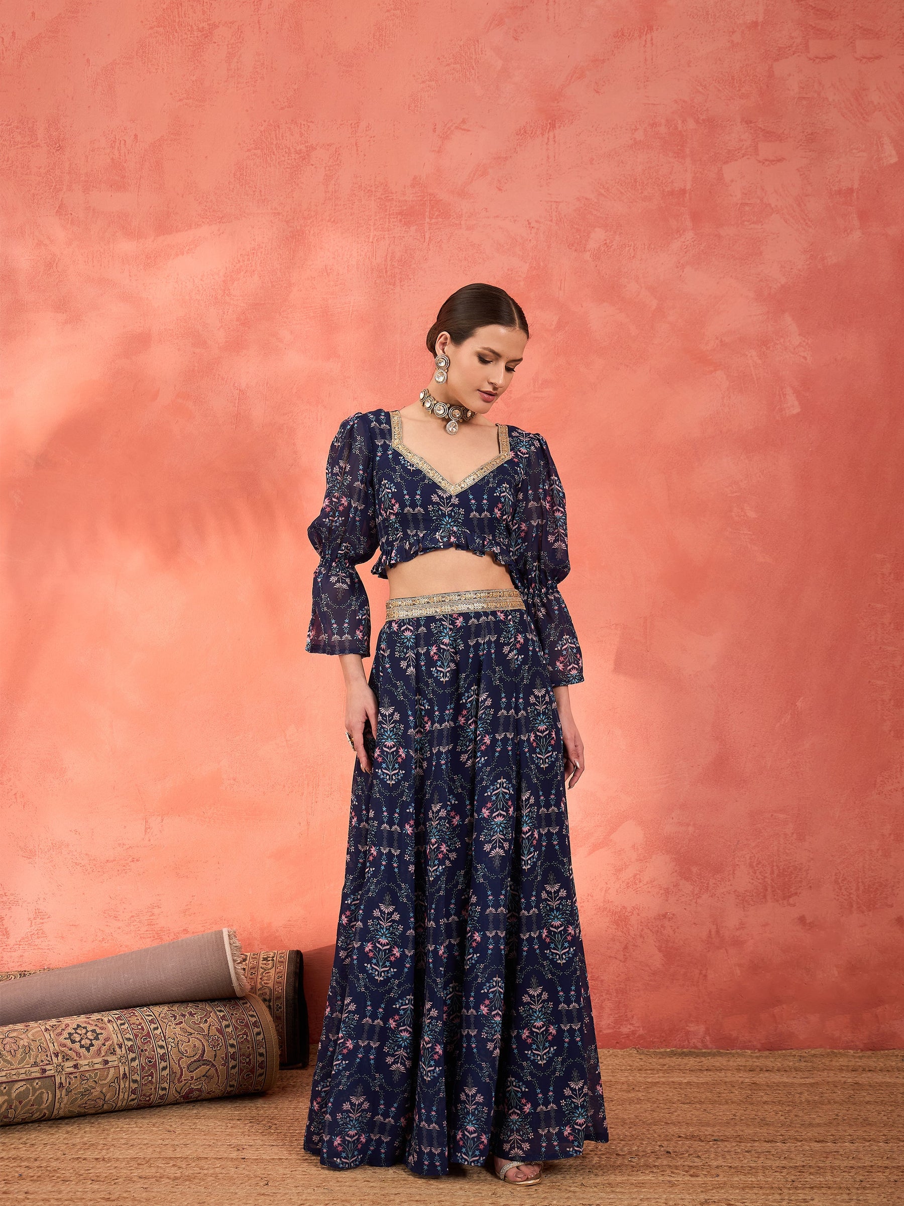 Navy Floral Hem Frill Crop Top With Anarkali Skirt-Shae by SASSAFRAS