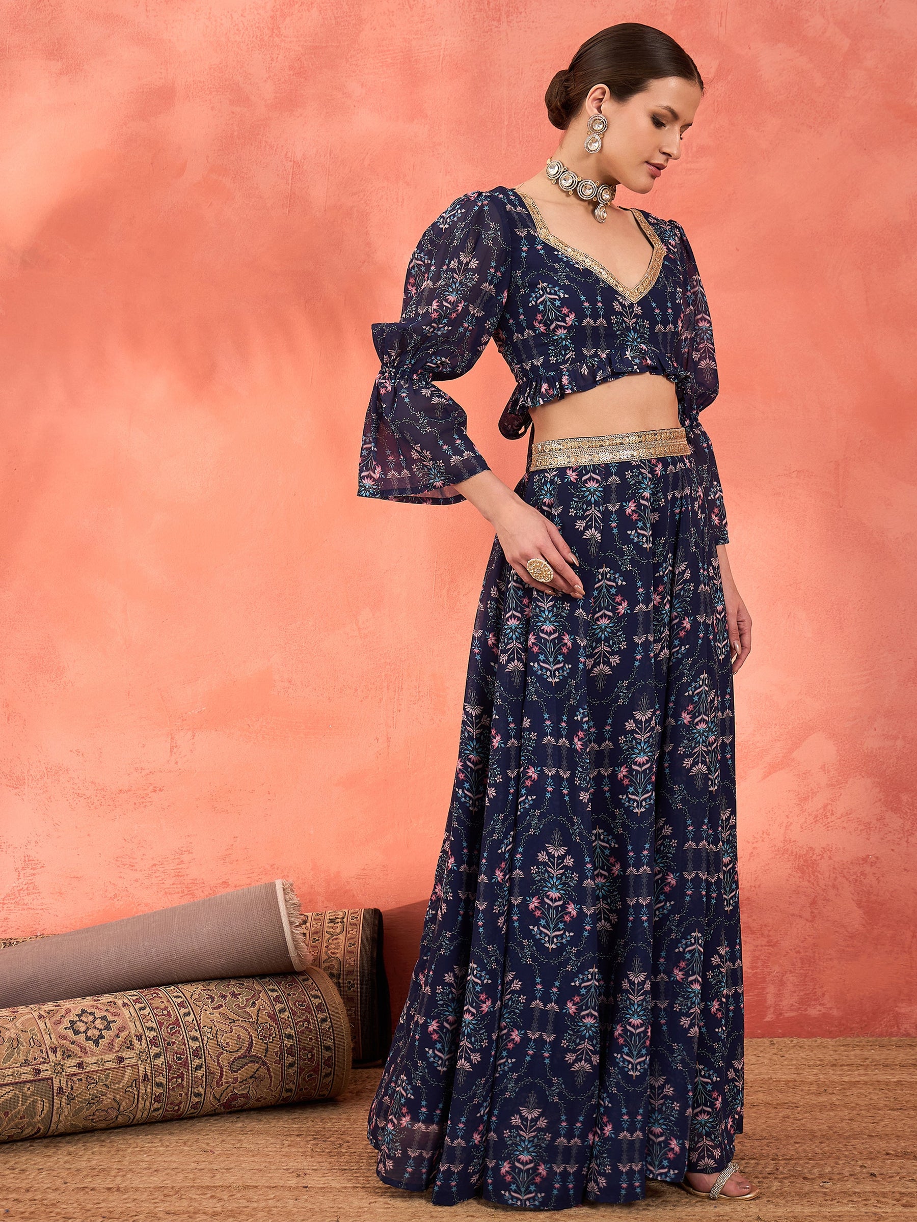 Navy Floral Hem Frill Crop Top With Anarkali Skirt-Shae by SASSAFRAS