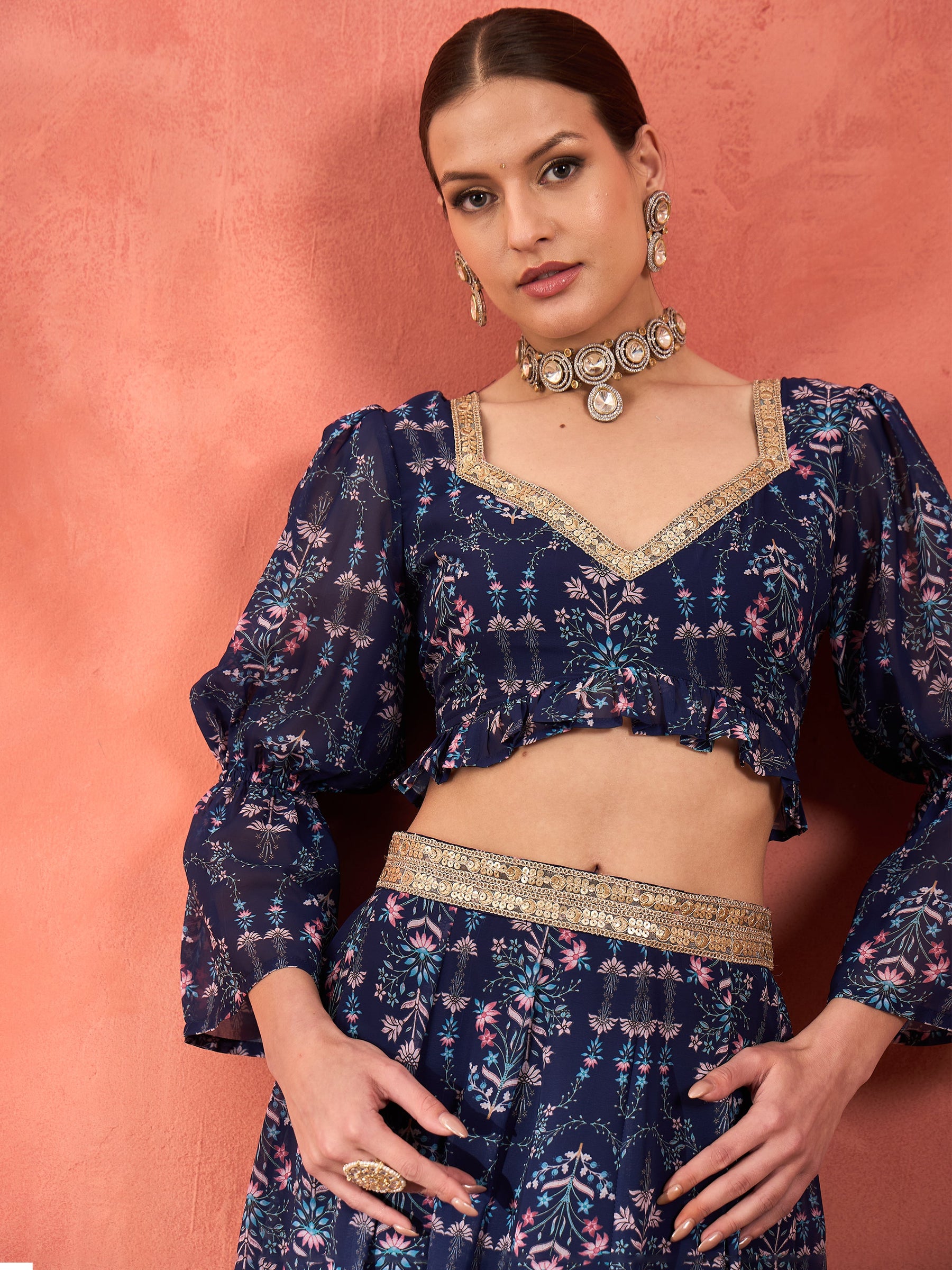 Navy Floral Hem Frill Crop Top With Anarkali Skirt-Shae by SASSAFRAS