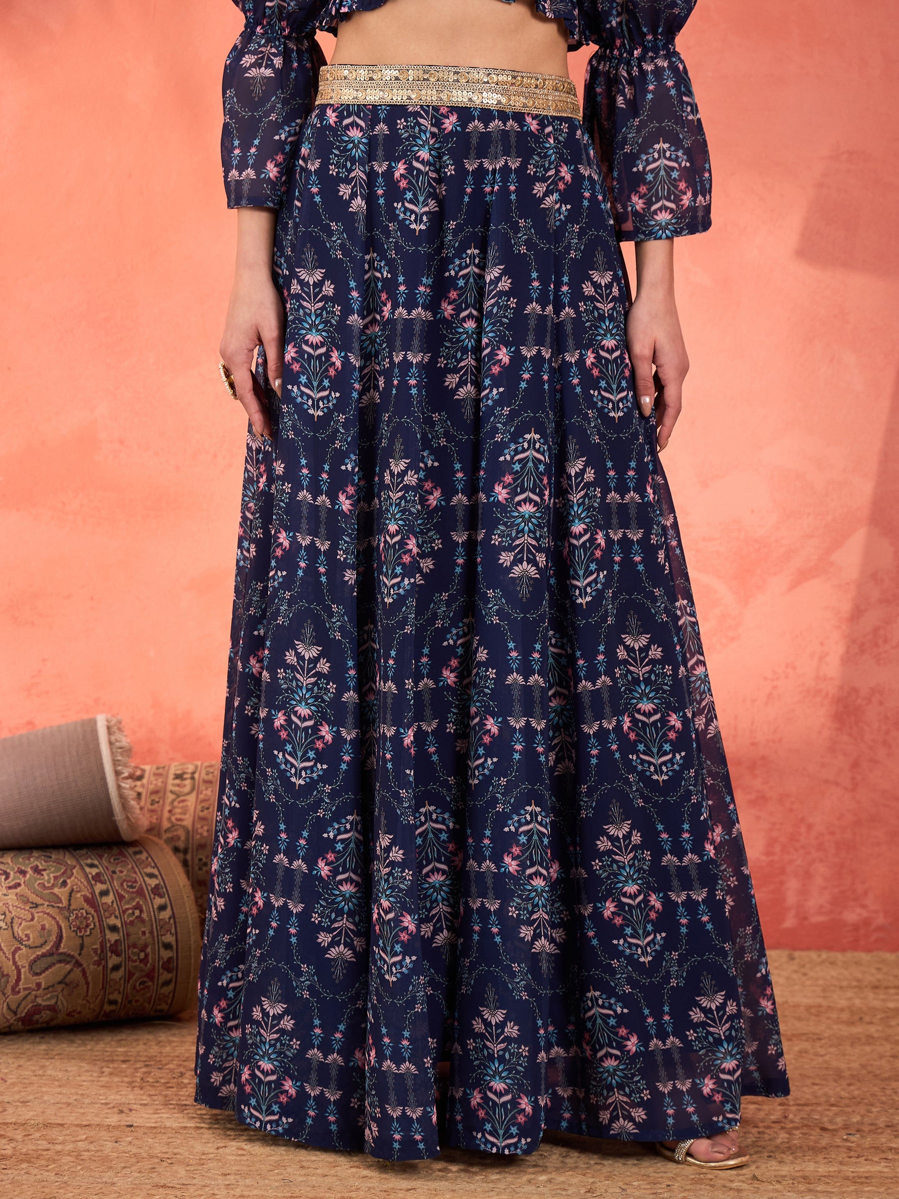 Navy Floral Hem Frill Crop Top With Anarkali Skirt-Shae by SASSAFRAS