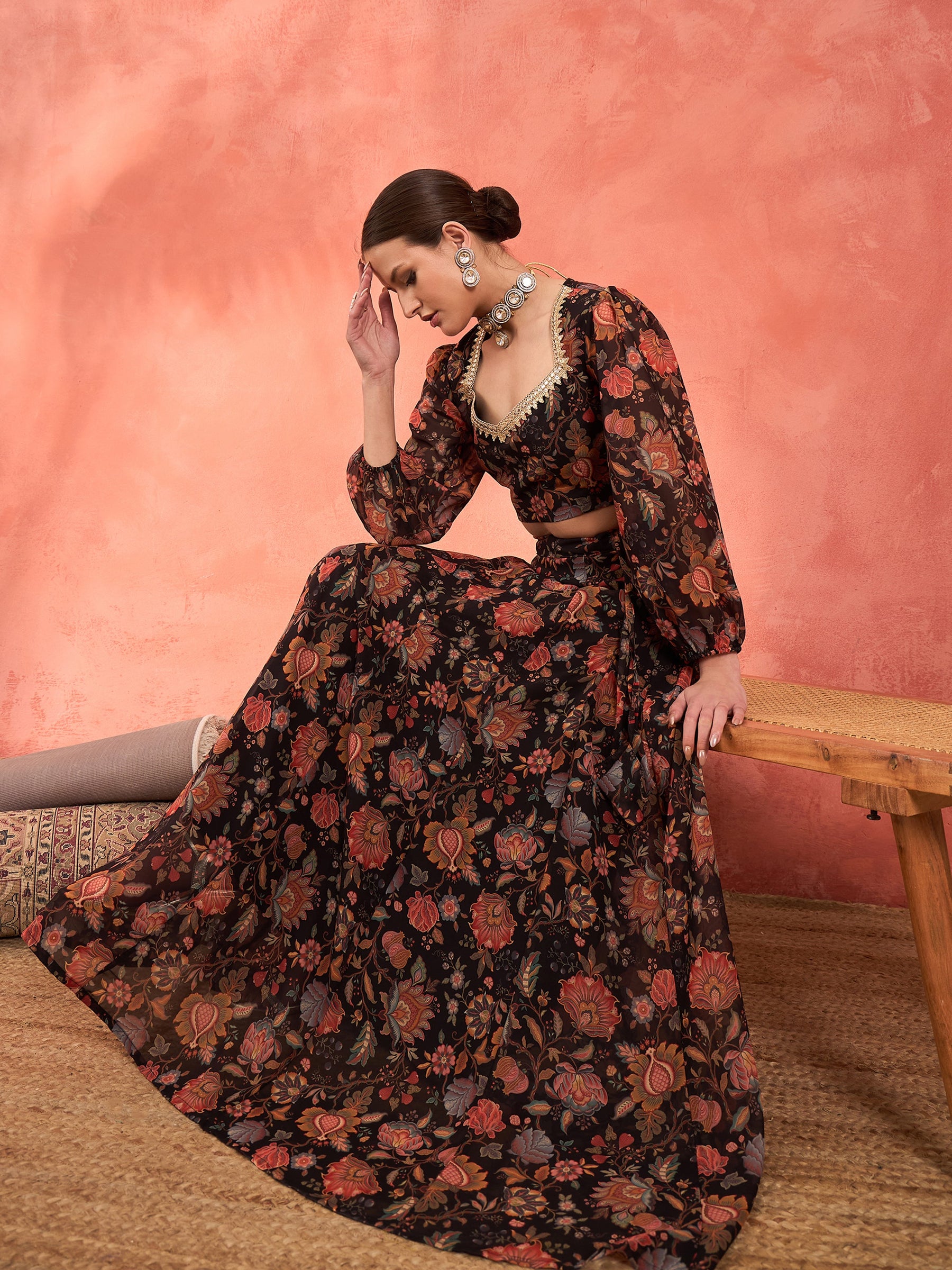 Black Floral Sweetheart Neck Crop Top With Anarkali Skirt-Shae by SASSAFRAS