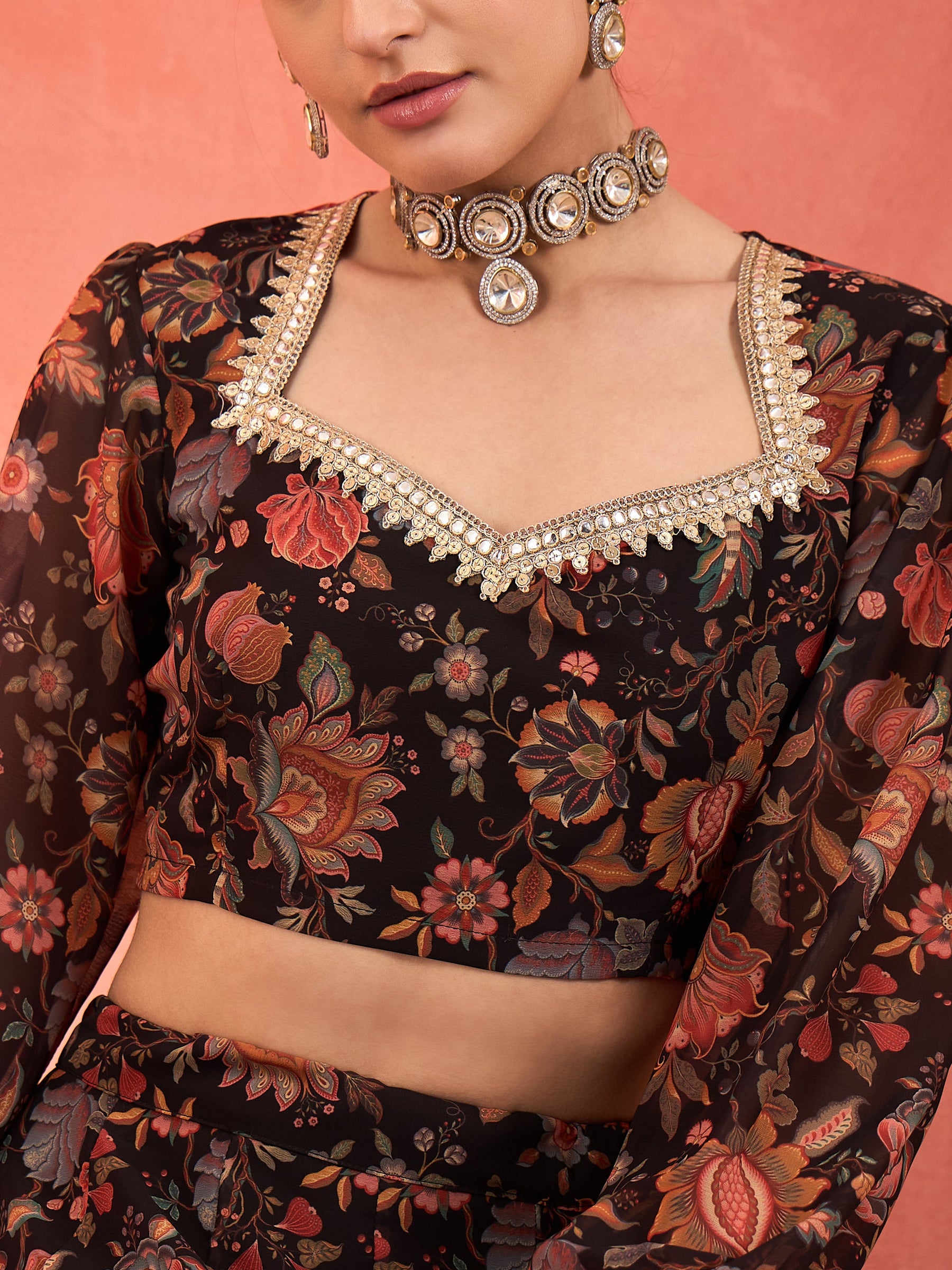 Black Floral Sweetheart Neck Crop Top With Anarkali Skirt-Shae by SASSAFRAS