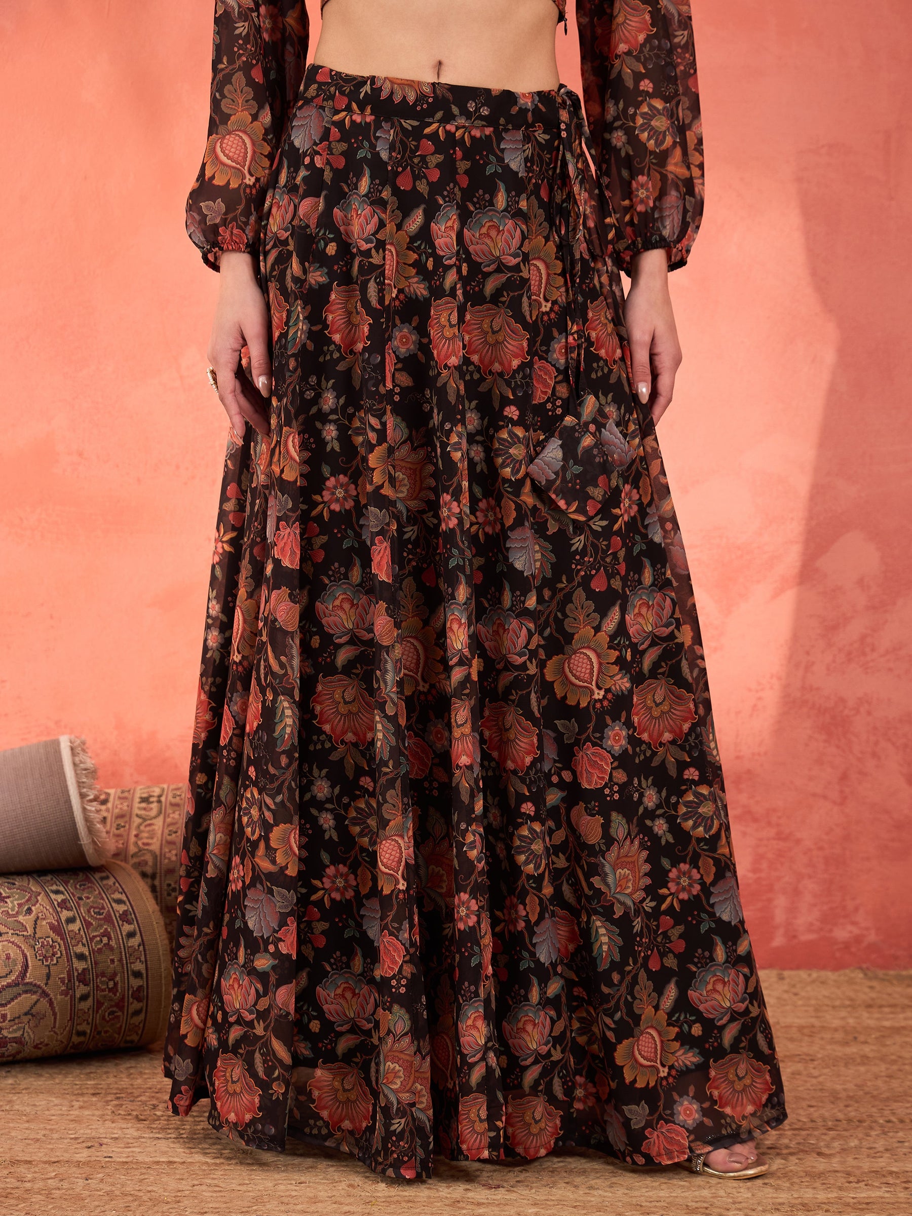 Black Floral Sweetheart Neck Crop Top With Anarkali Skirt-Shae by SASSAFRAS