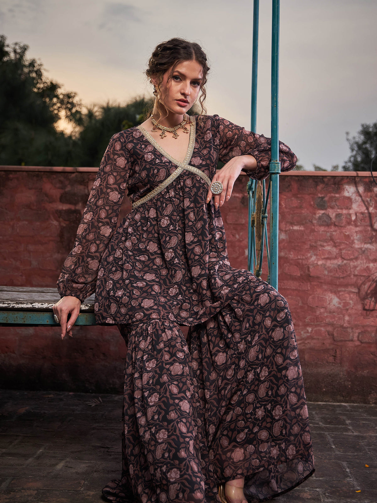 Black Floral V Neck Peplum Top With Sharara Pants-Shae by SASSAFRAS