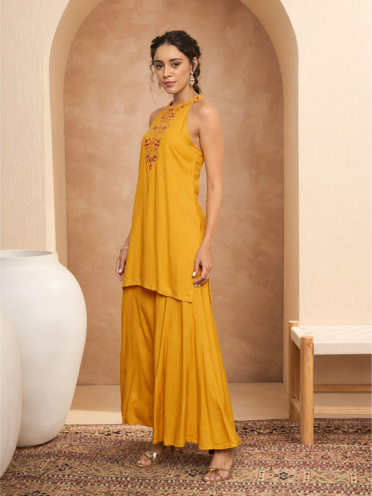 Women Mustard Embroidered Halter Kurta With Palazzos
