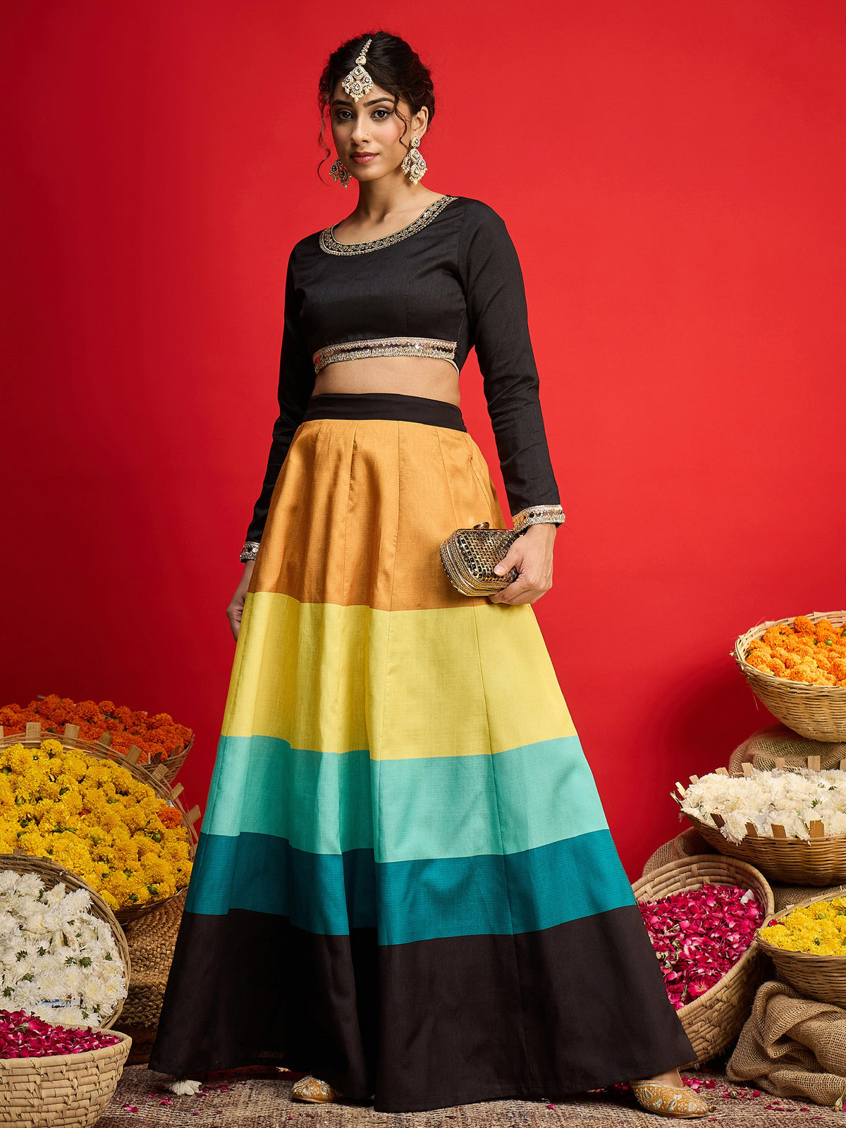 Black Poly Silk Crop Top With Anarkali Skirt -Shae By SASSAFRAS