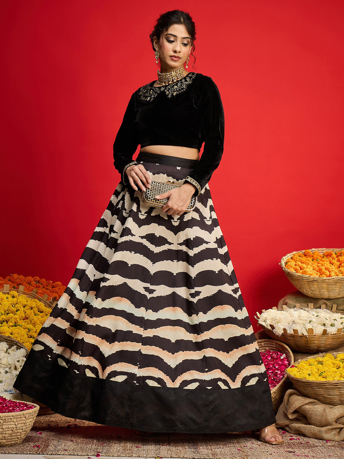 Black Velvet Peter Pan Crop Top With Anarkali Skirt -Shae By SASSAFRAS
