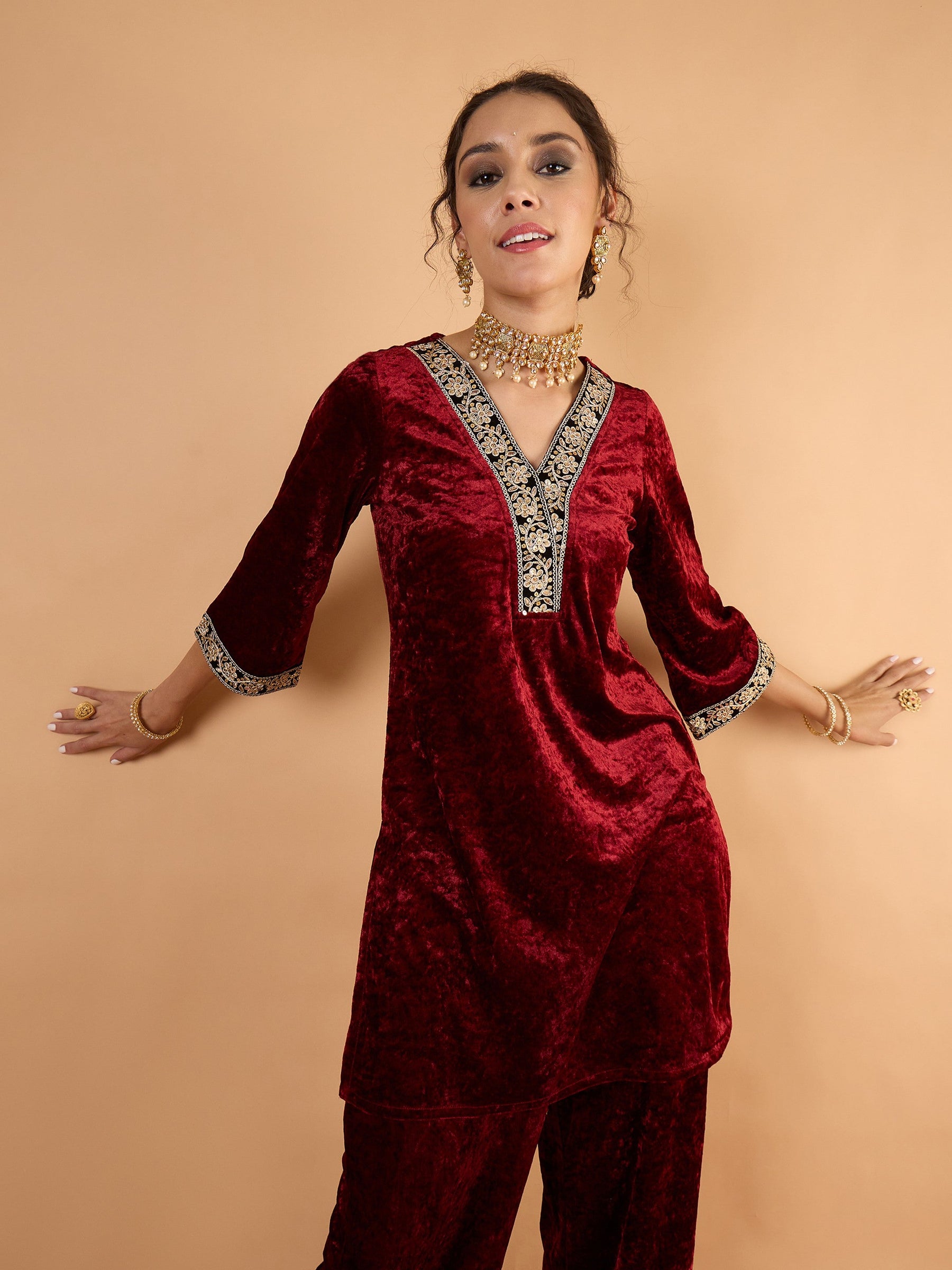 Maroon Velvet Embroidered Short Kurta With Straight Pants-Shae by SASSAFRAS