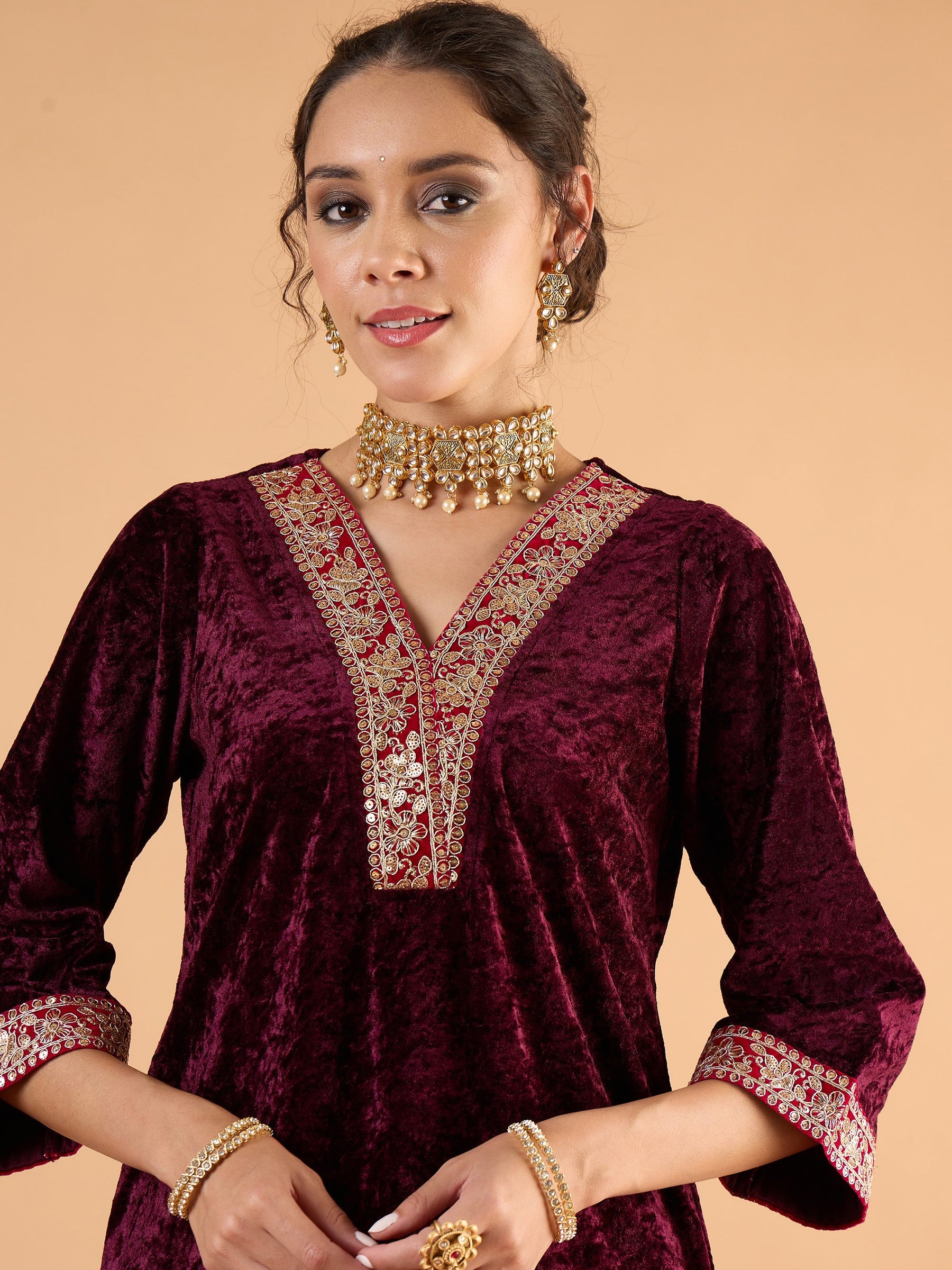 Purple Velvet Embroidered Short Kurta With Straight Pants-Shae by SASSAFRAS