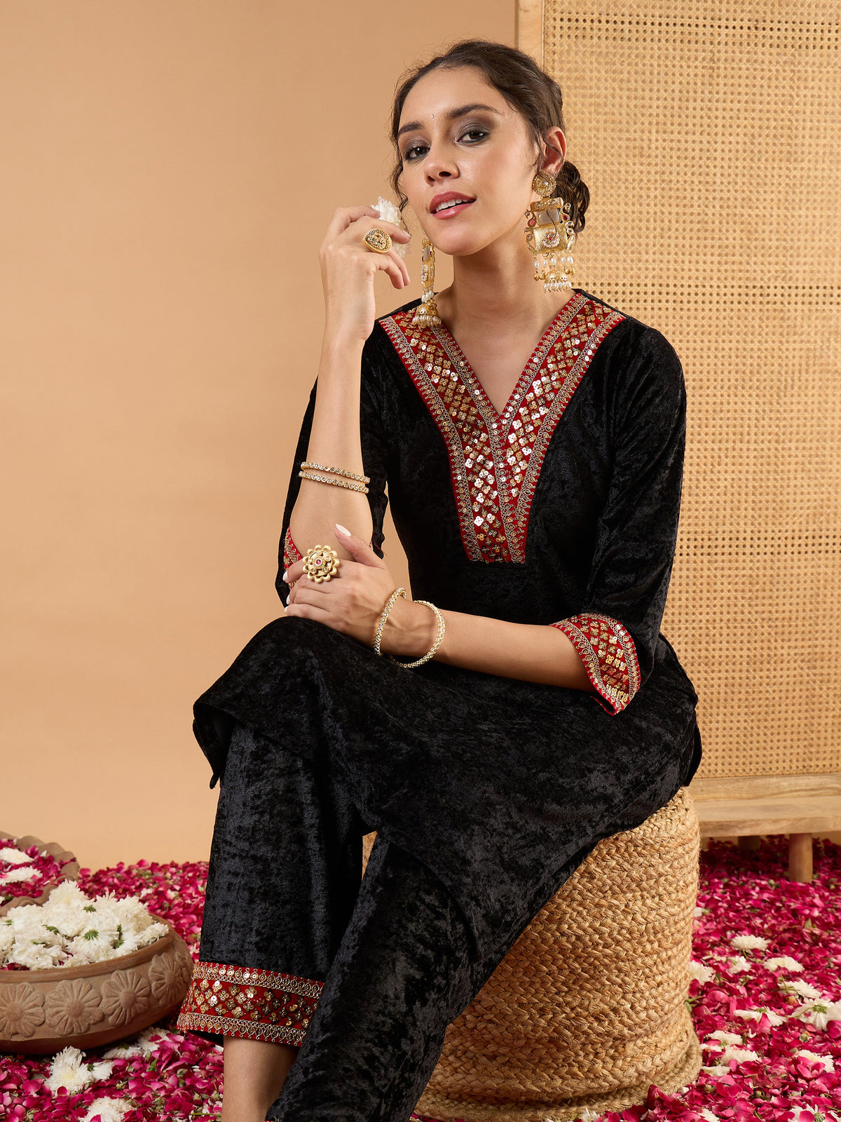 Black Velvet V Neck Embroidered Kurta With Straight Pants -Shae by SASSAFRAS