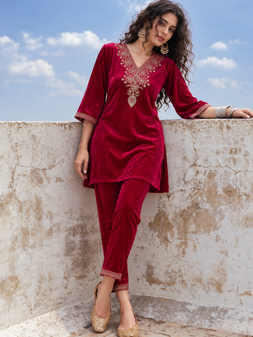 Fuchsia Velvet Embroidered Short Kurta With Pencil Pants-Shae by SASSAFRAS