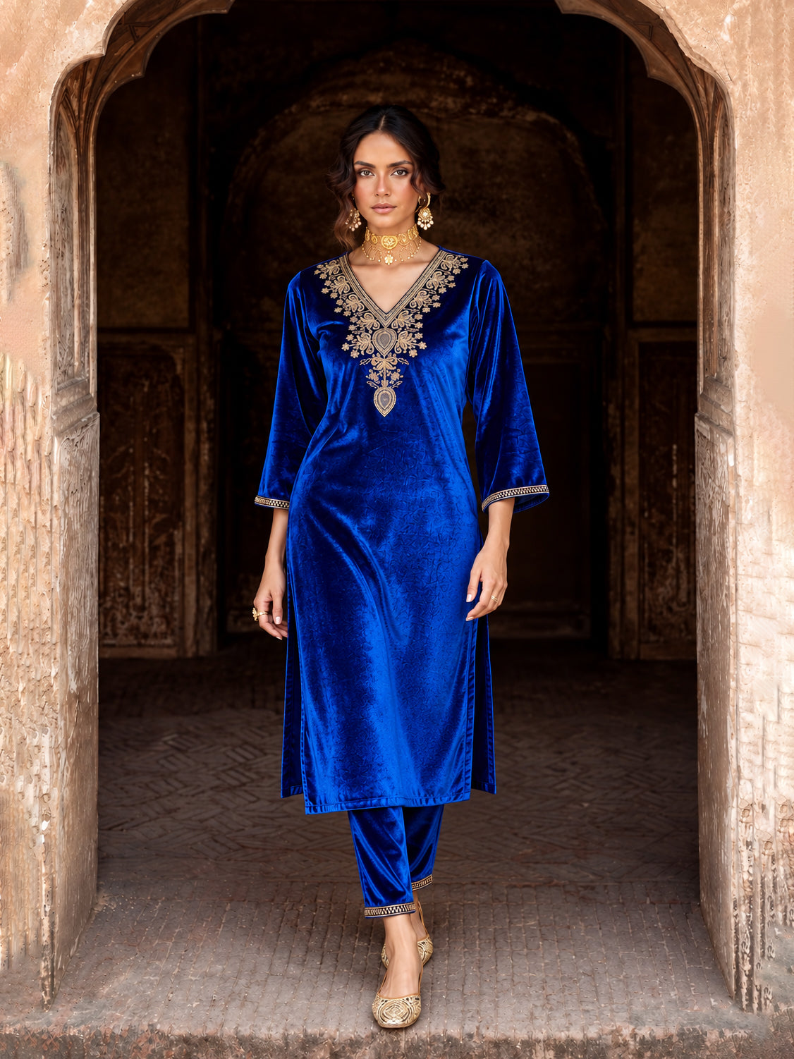 Royal Blue Velvet Embroidered Straight Kurta With Pencil Pants -Shae by SASSAFRAS