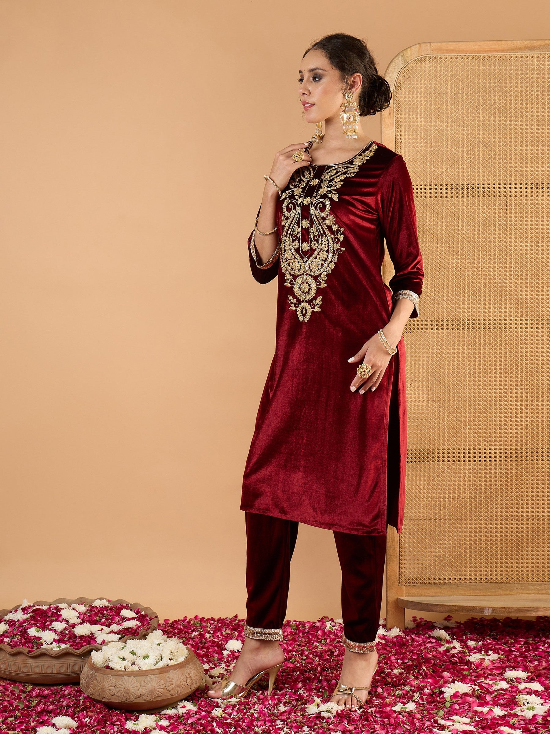 Maroon Velvet Embroidered Round Neck Kurta With Pencil Pants -Shae By SASSAFRAS
