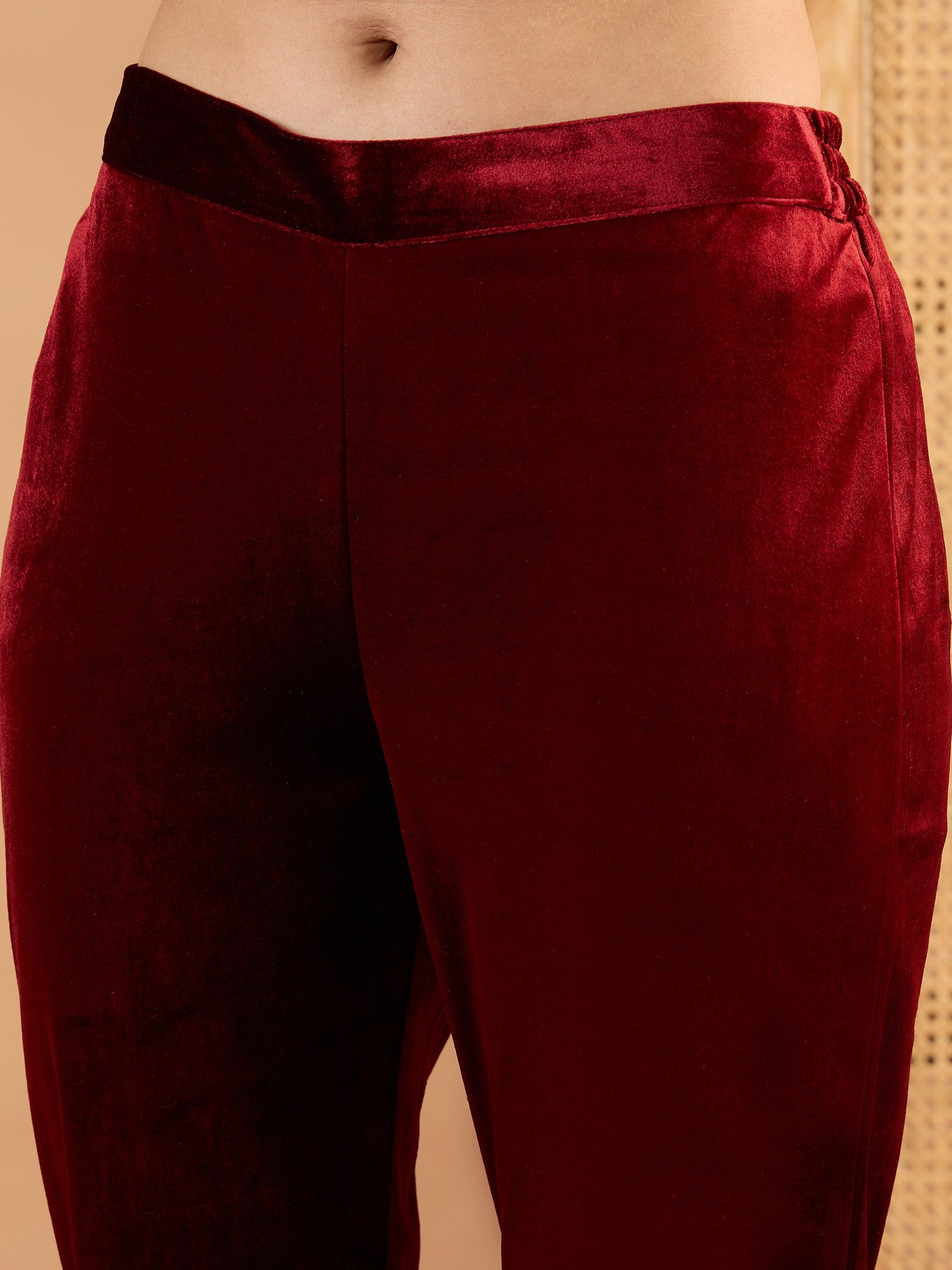 Maroon Velvet Embroidered Round Neck Kurta With Pencil Pants -Shae By SASSAFRAS