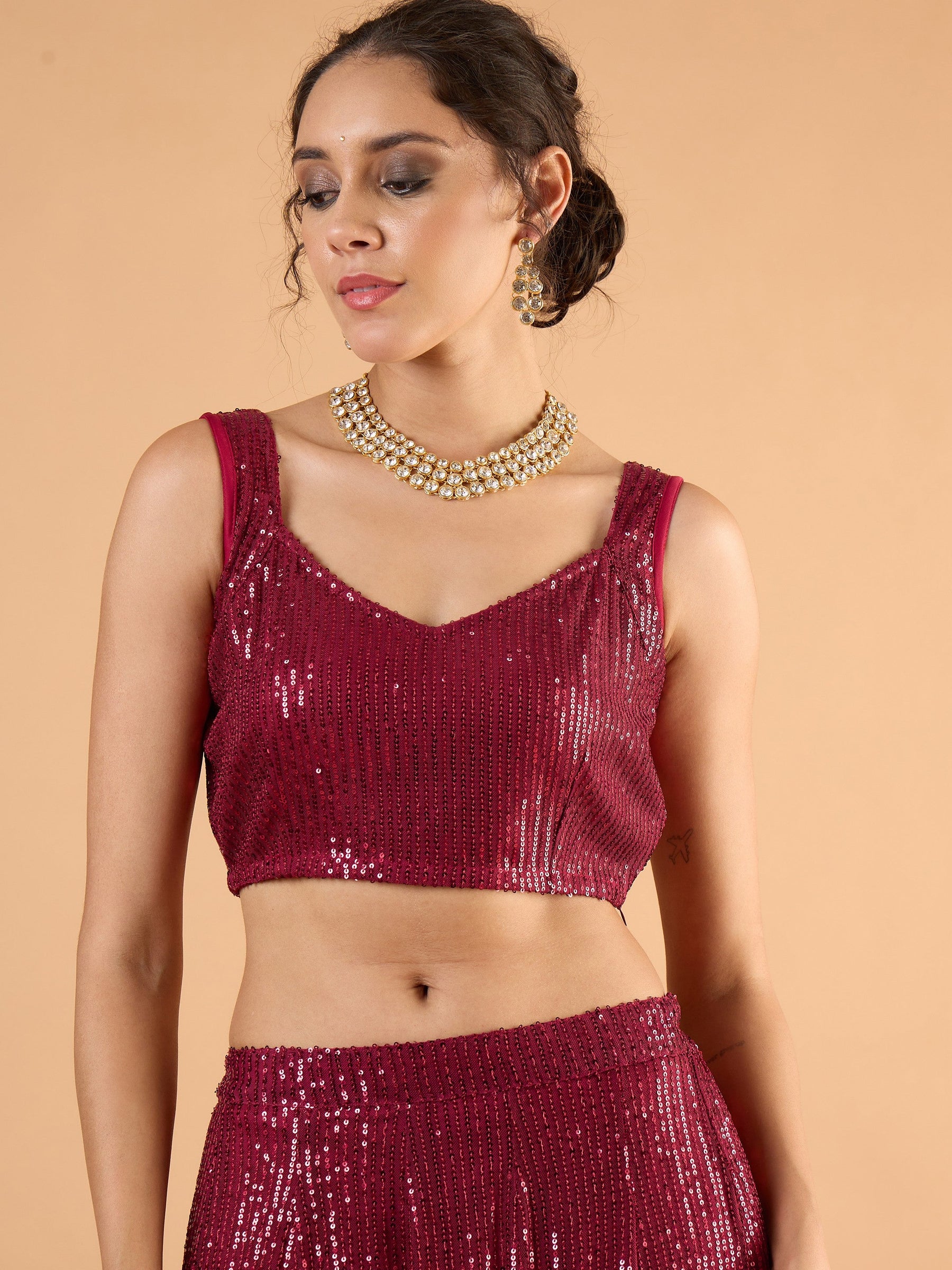 Maroon Sequence Sleeveless Crop Top With Anarkali Skirt-Shae By SASSAFRAS