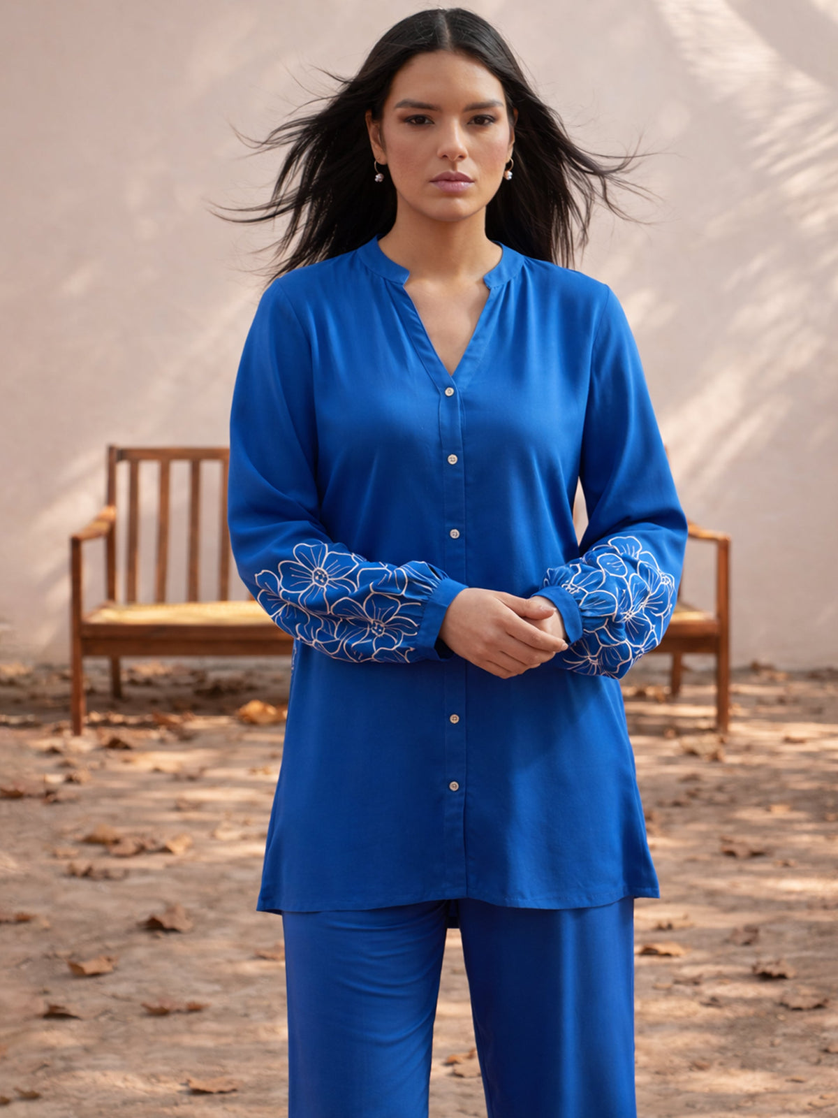 Cobalt Blue Sleeves Embroidered Shirt With Pants-Shae by SASSAFRAS