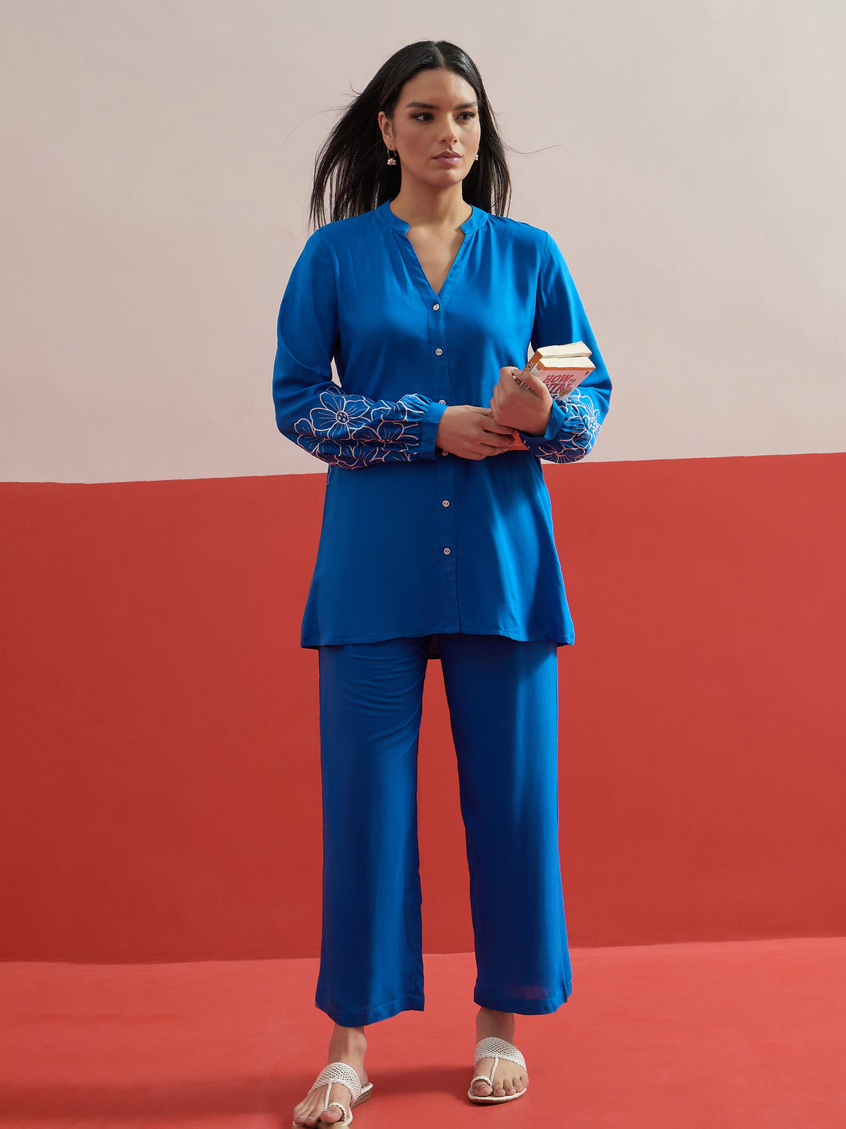 Cobalt Blue Sleeves Embroidered Shirt With Pants-Shae by SASSAFRAS