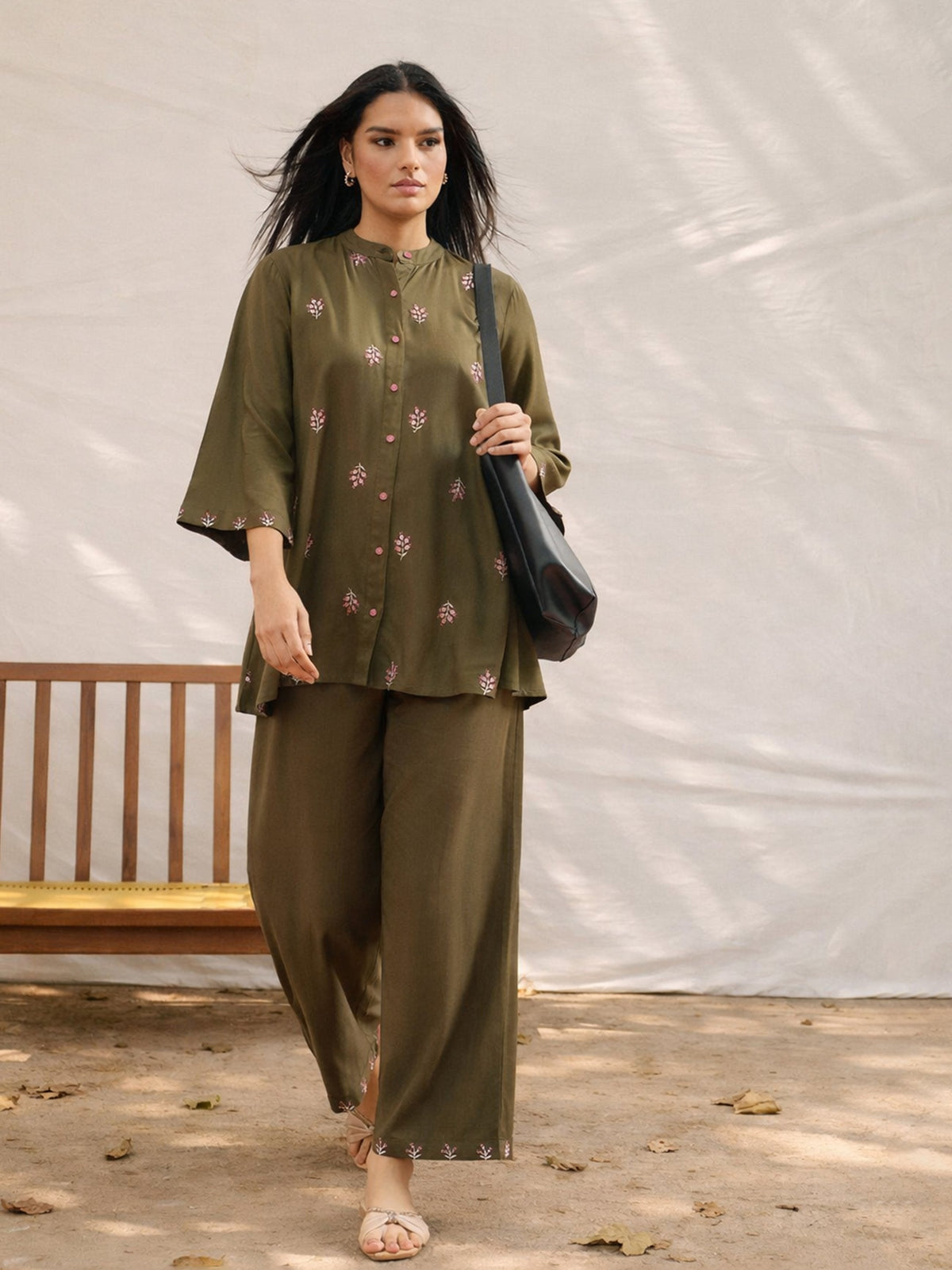 Olive All Over Embroidered Shirt With Palazzos-Shae by SASSAFRAS