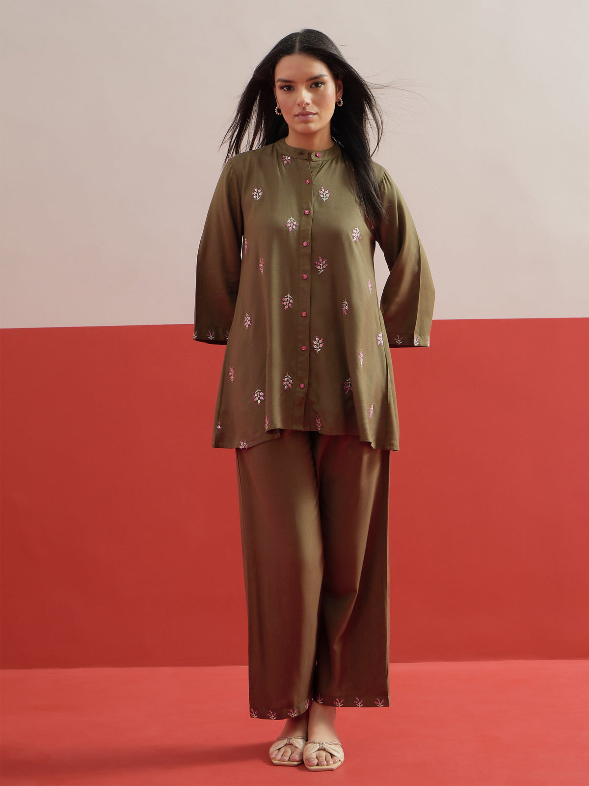 Olive All Over Embroidered Shirt With Palazzos-Shae by SASSAFRAS