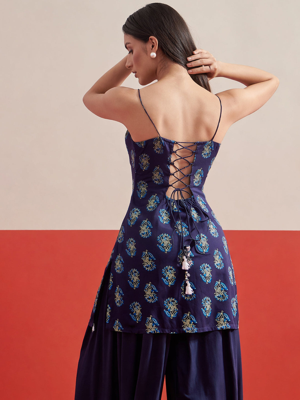 Navy Blue Floral Strappy Kurta With Afghani Salwar-Shae by SASSAFRAS