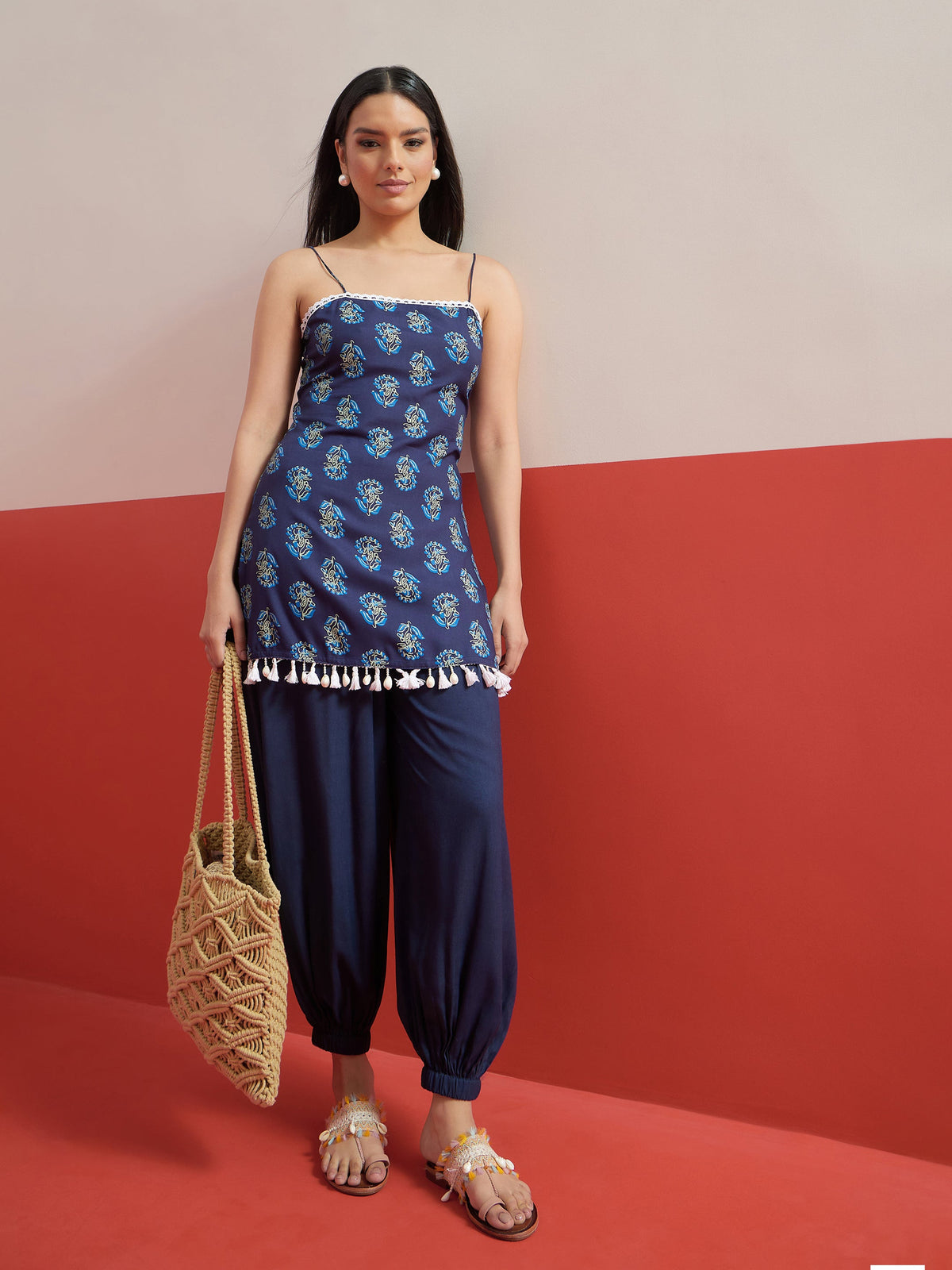 Navy Blue Floral Strappy Kurta With Afghani Salwar-Shae by SASSAFRAS