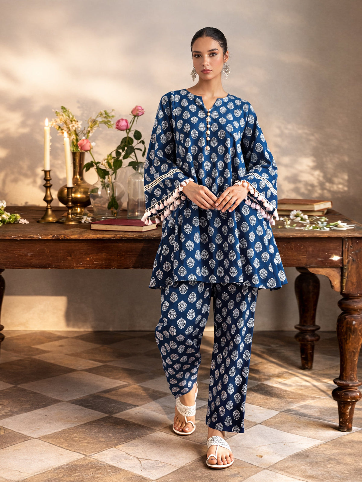 Blue Floral Choga Kurta With Farshi Salwar-Shae by SASSAFRAS