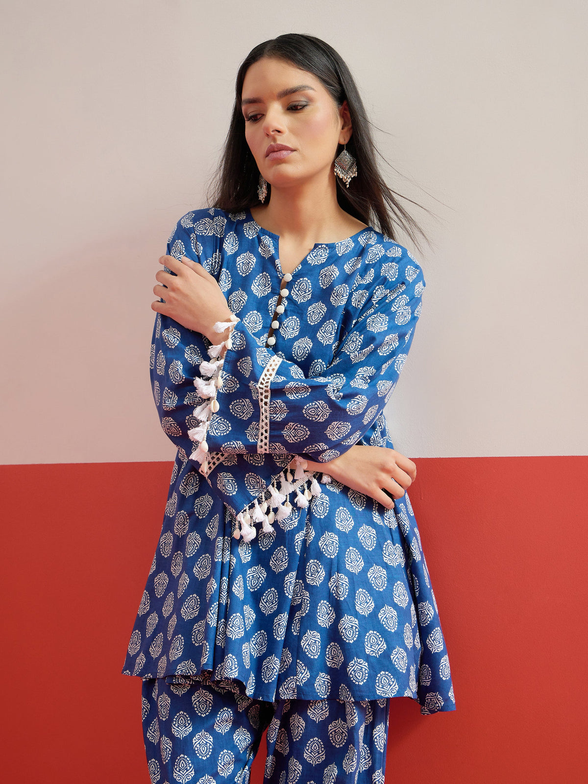 Blue Floral Choga Kurta With Farshi Salwar-Shae by SASSAFRAS