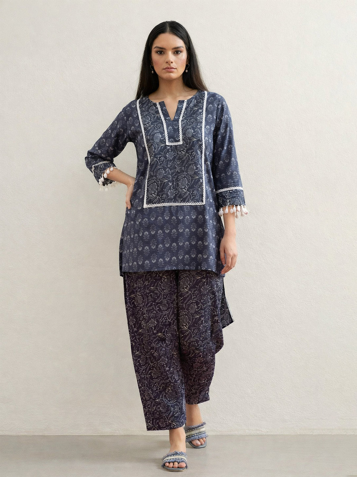 Grey Floral Short Kurti With Farshi Salwar -Shae by SASSAFRAS