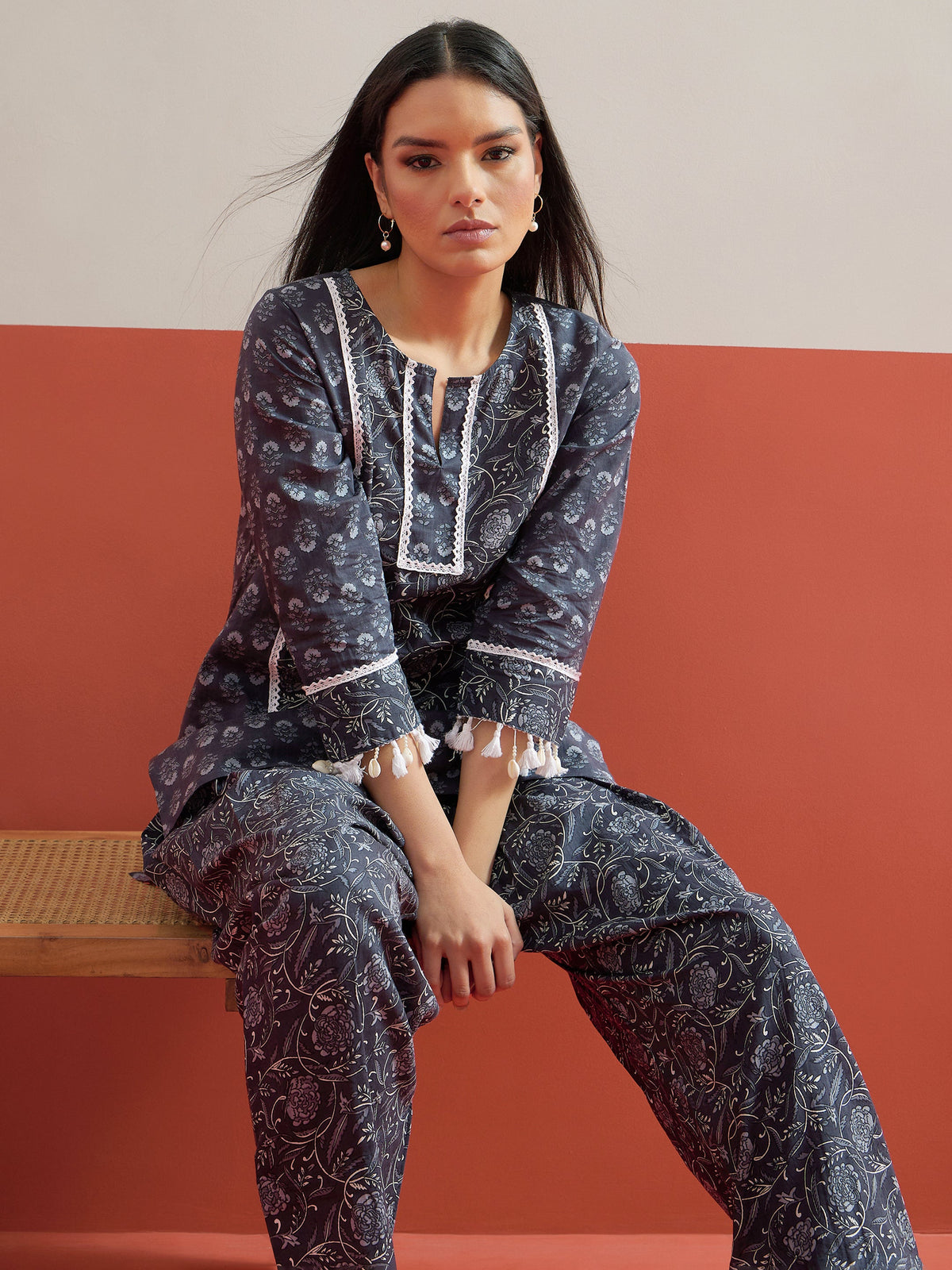 Grey Floral Short Kurti With Farshi Salwar -Shae by SASSAFRAS