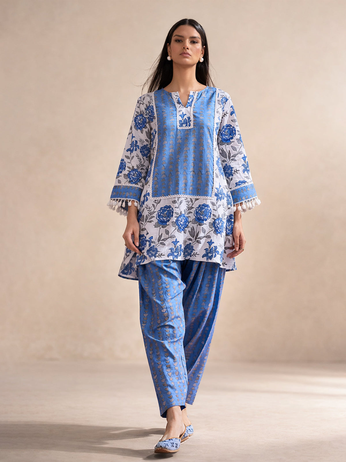 Blue Floral Short Kurti With Farshi Salwar -Shae by SASSAFRAS