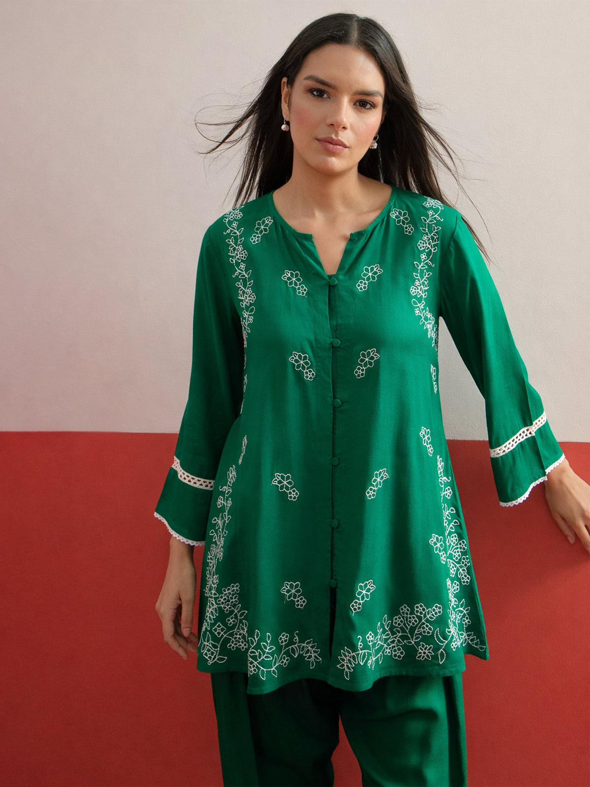 Green Embroidered Button Down Short Kurti With Farshi Salwar-Shae by SASSAFRAS