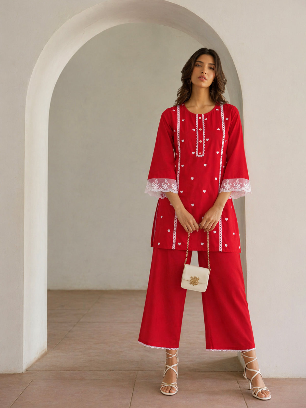 Red Heart Embroidery Short Kurta With Straight Pants-Shae by SASSAFRAS