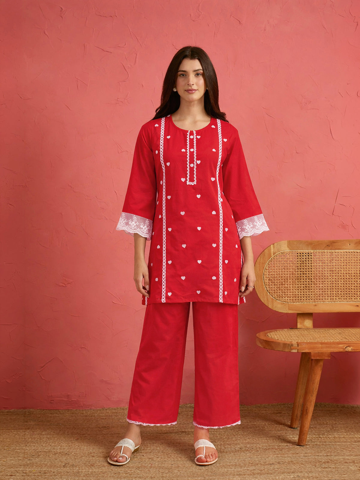 Red Heart Embroidery Short Kurta With Straight Pants-Shae by SASSAFRAS
