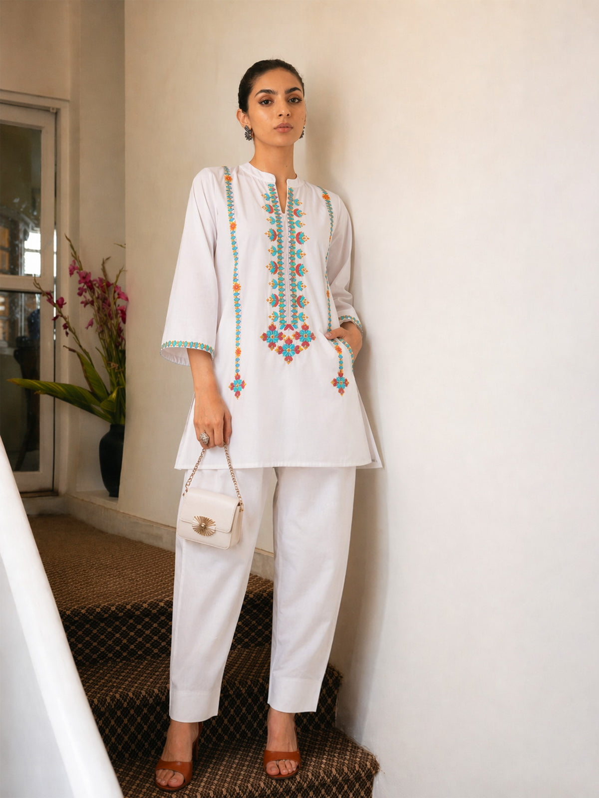 White Embroidered Short Kurta With Farshi Salwar-Shae by SASSAFRAS