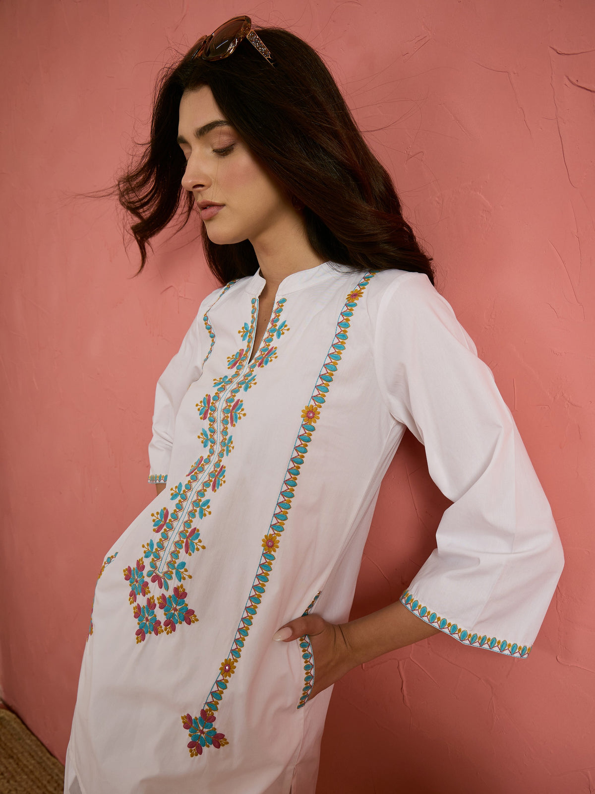 White Embroidered Short Kurta With Farshi Salwar-Shae by SASSAFRAS
