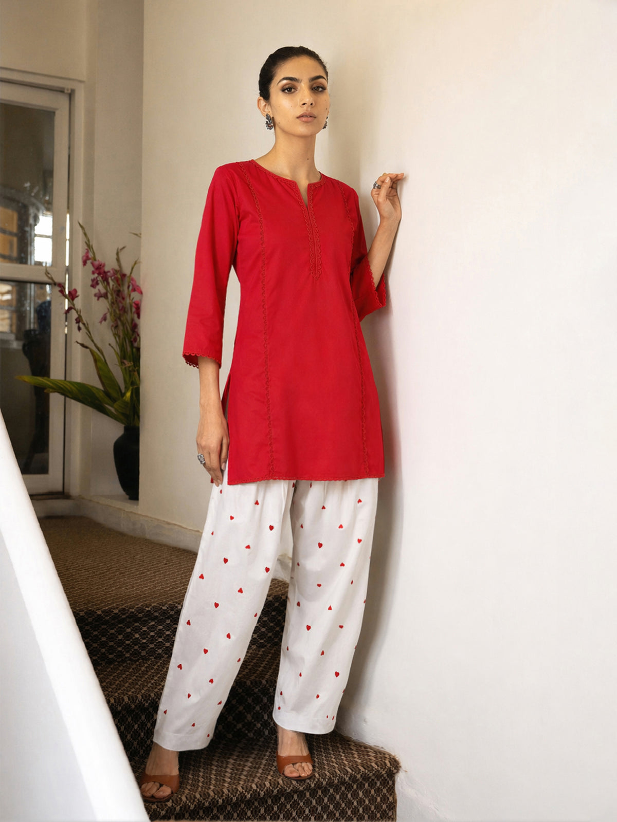 Red Solid Short Kurta With Heart Print Farshi Salwar-Shae by SASSAFRAS