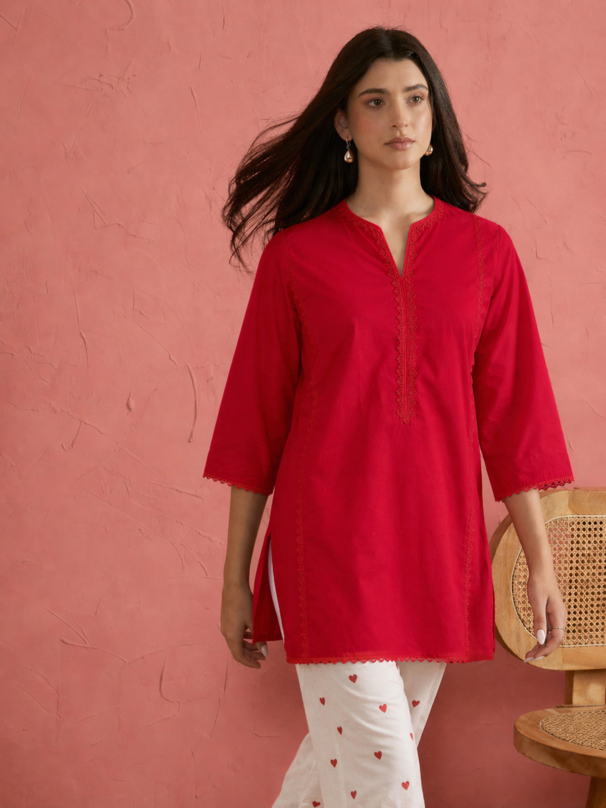Red Solid Short Kurta With Heart Print Farshi Salwar-Shae by SASSAFRAS