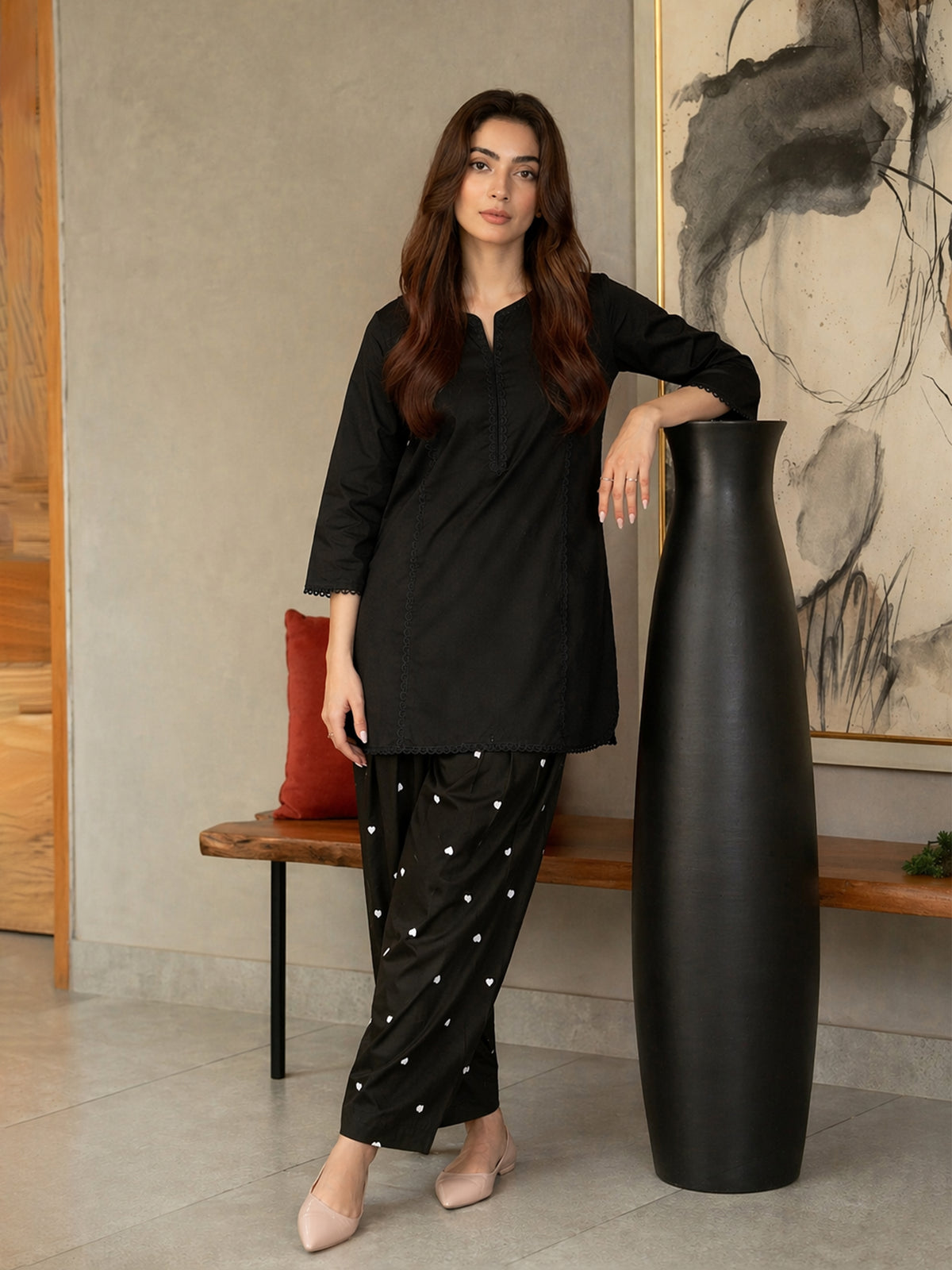 Black Solid Short Kurta With Heart Print Farshi Salwar-Shae by SASSAFRAS