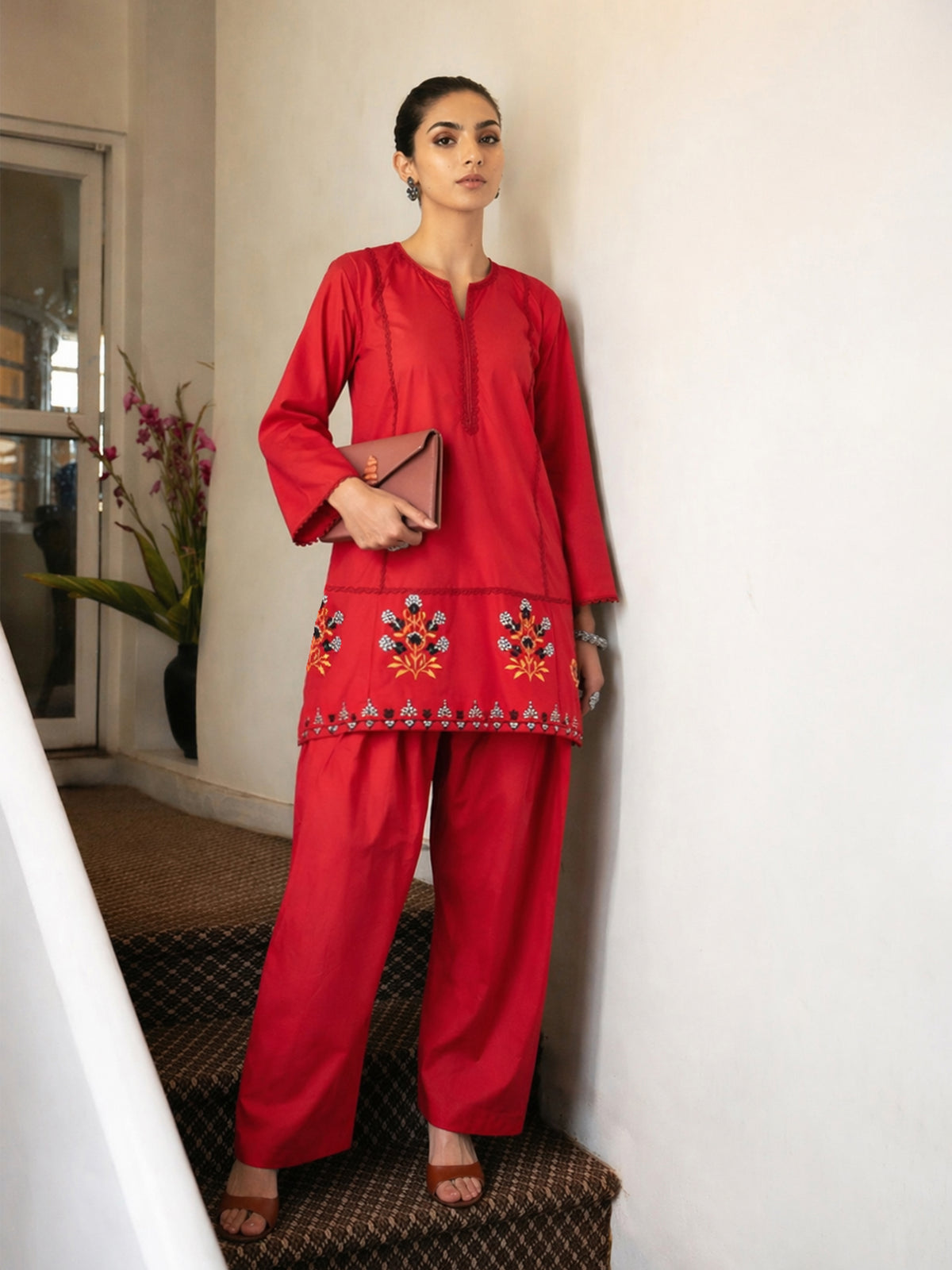 Red Embroidered Short Kurta With Farshi Salwar-Shae by SASSAFRAS