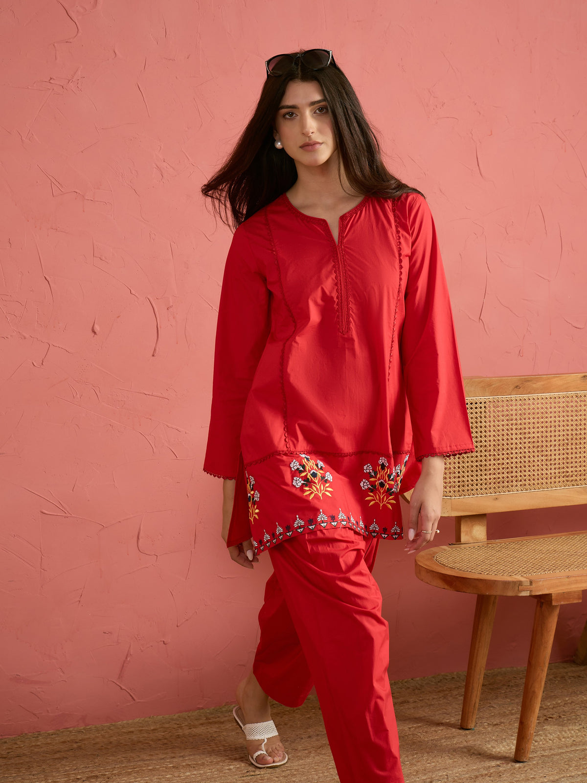 Red Embroidered Short Kurta With Farshi Salwar-Shae by SASSAFRAS