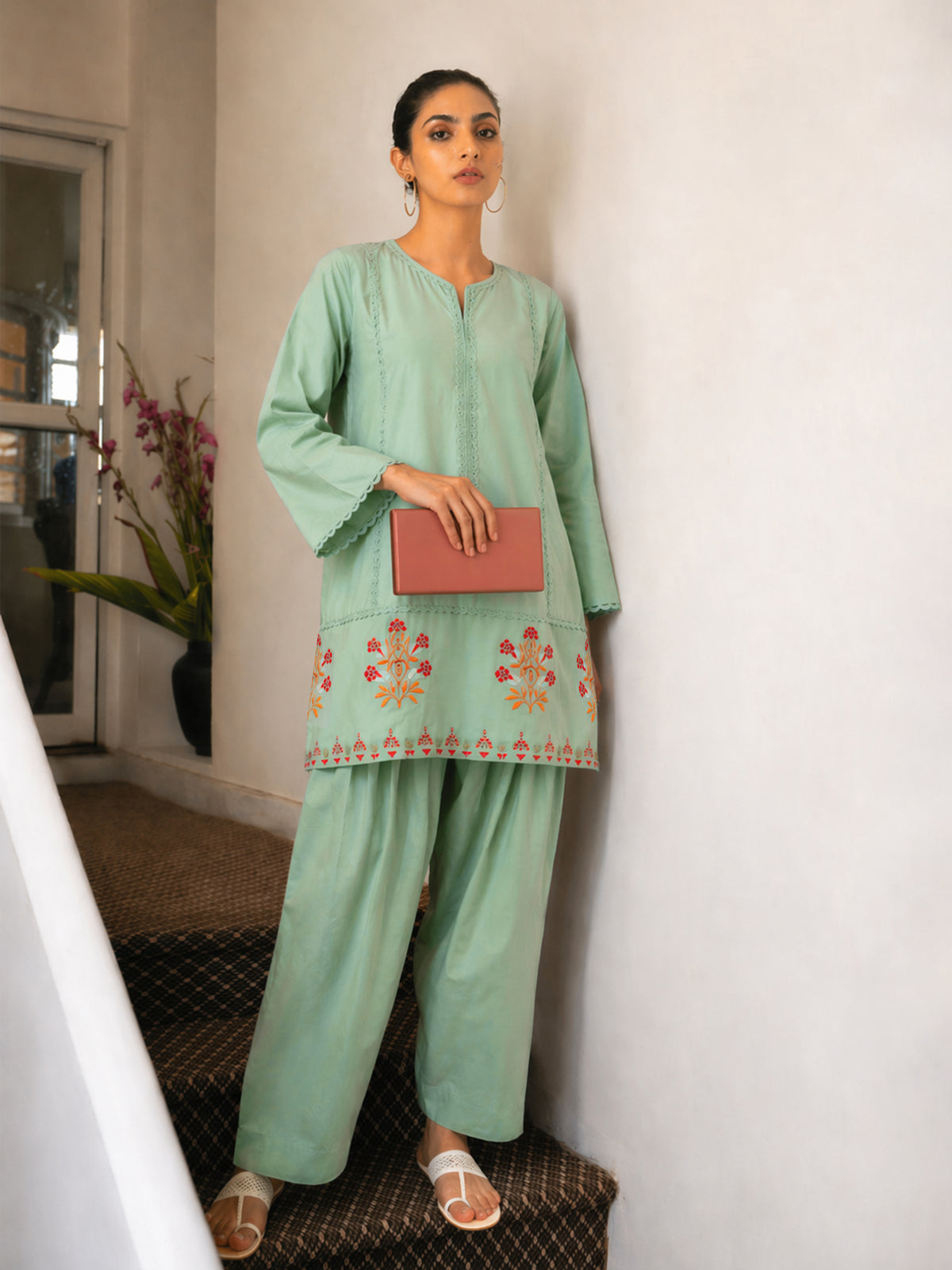 Sea Green Embroidered Short Kurta With Farshi Salwar-Shae by SASSAFRAS