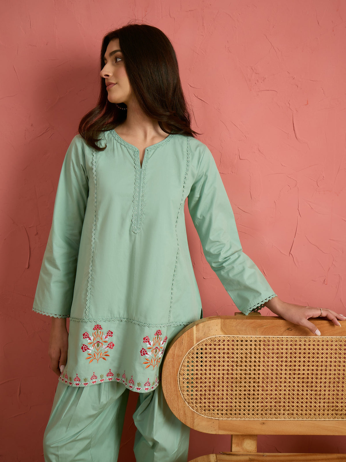 Sea Green Embroidered Short Kurta With Farshi Salwar-Shae by SASSAFRAS