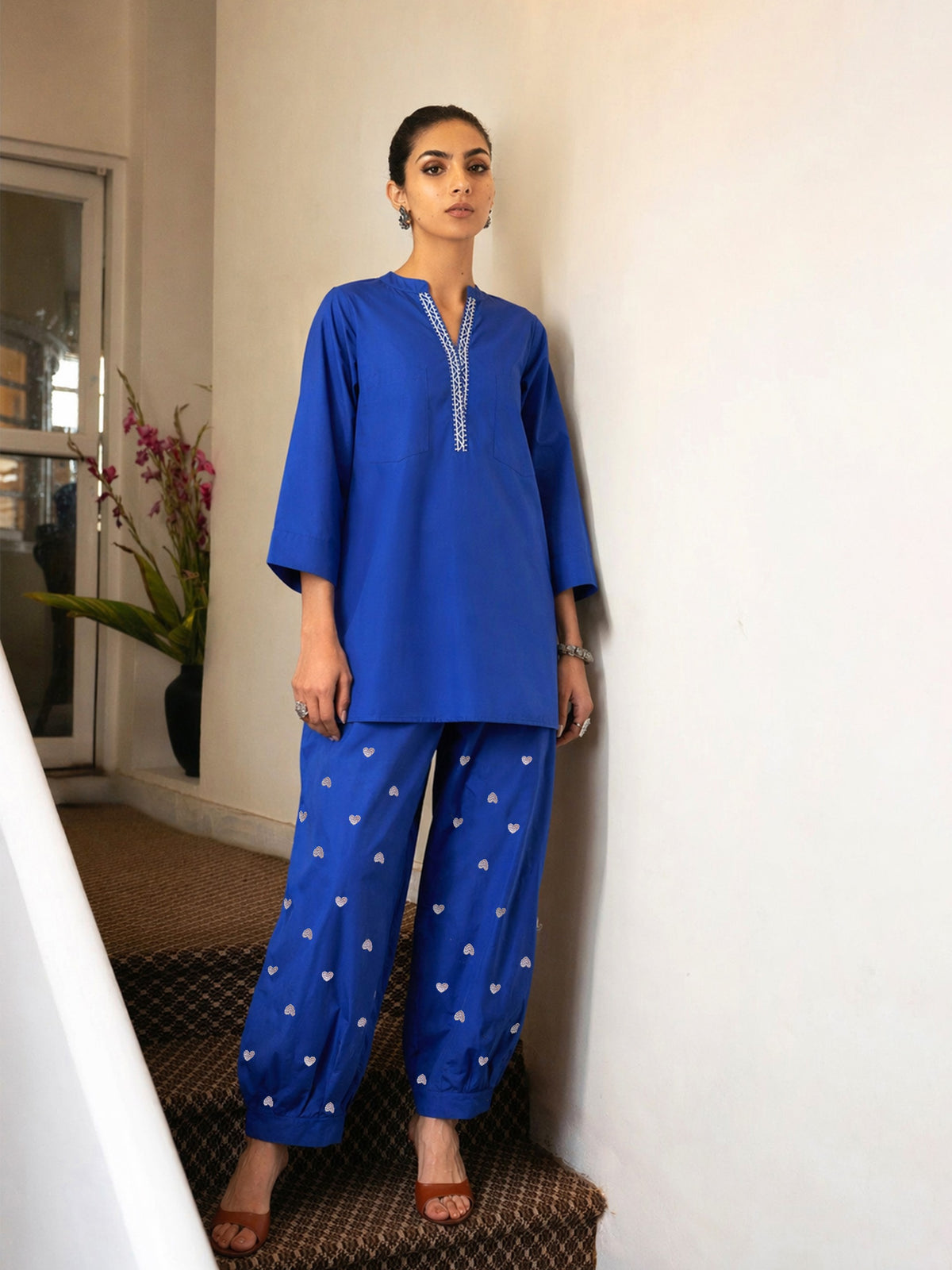 Royal Blue Embroidered Short Kurta With Straight Pants-Shae by SASSAFRAS