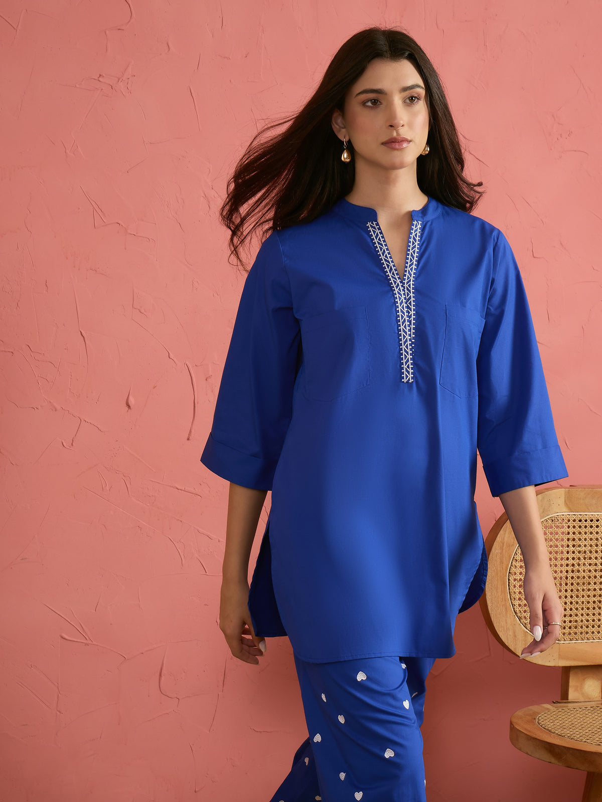 Royal Blue Embroidered Short Kurta With Straight Pants-Shae by SASSAFRAS