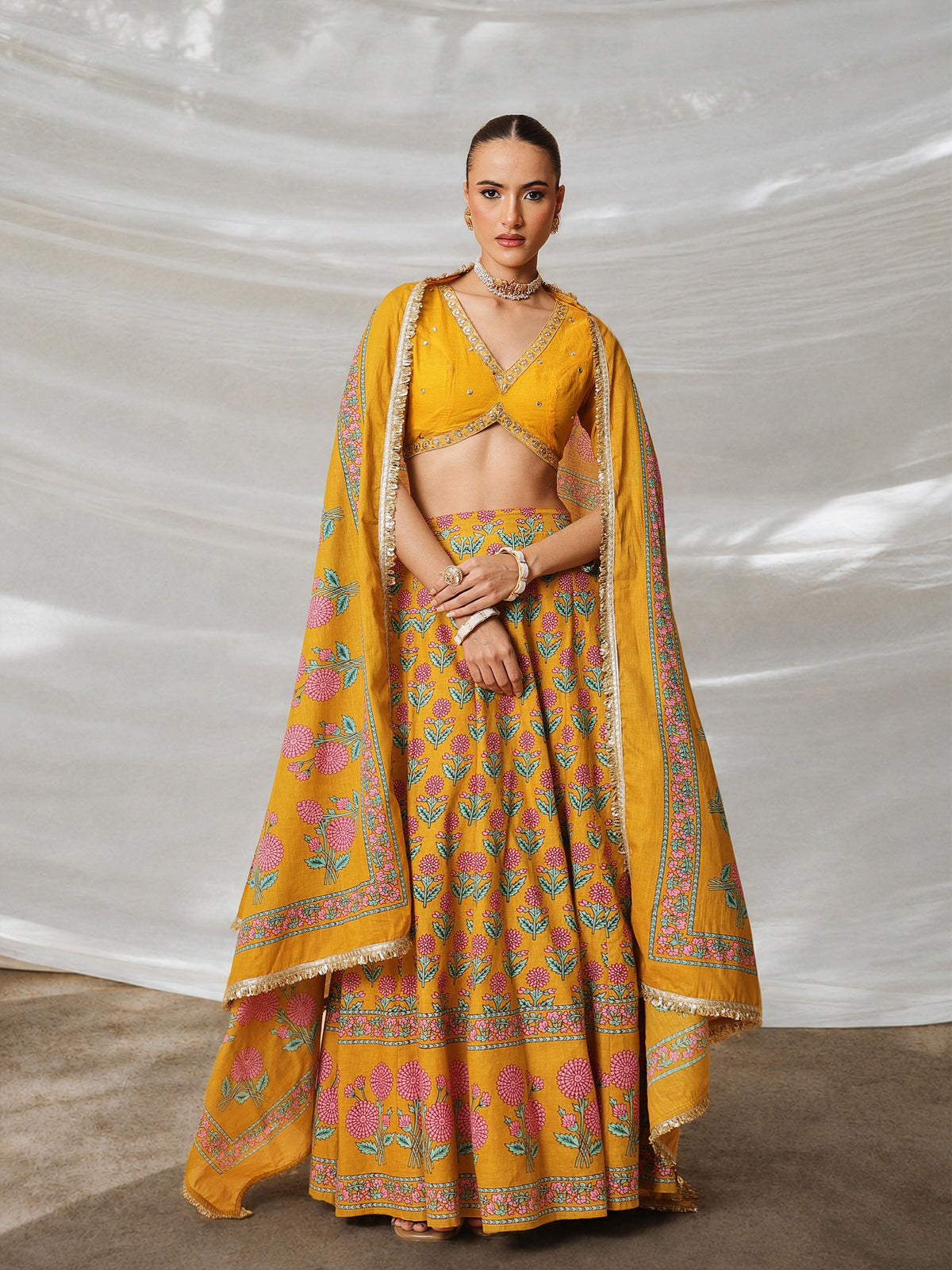 Yellow Embroidered Crop Top With Anarkali Skirt & Dupatta-Luxe - Shae by SASSAFRAS