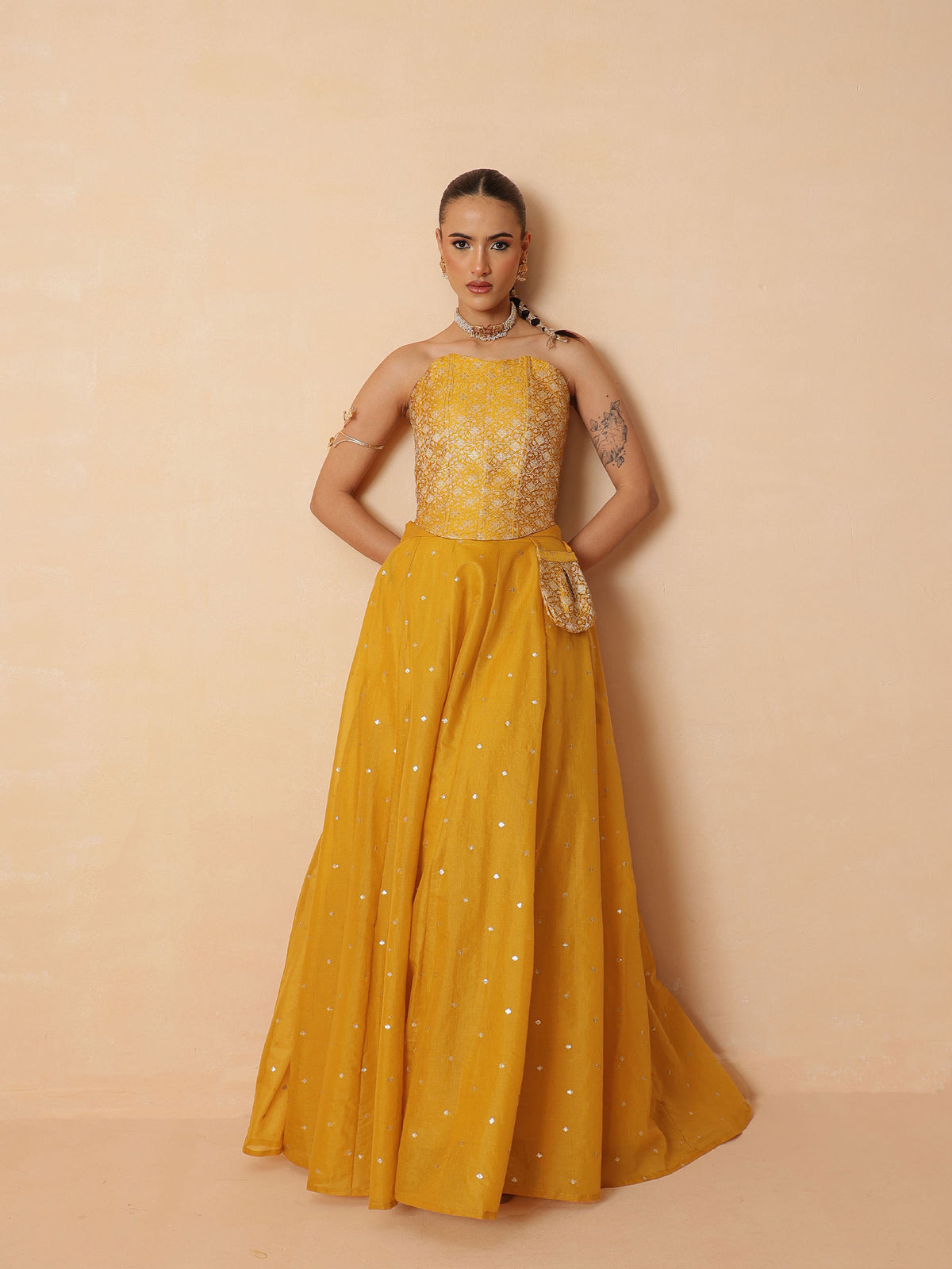 Yellow Brocade Corset Top With Chanderi Anarkali Skirt -Luxe - Shae by SASSAFRAS