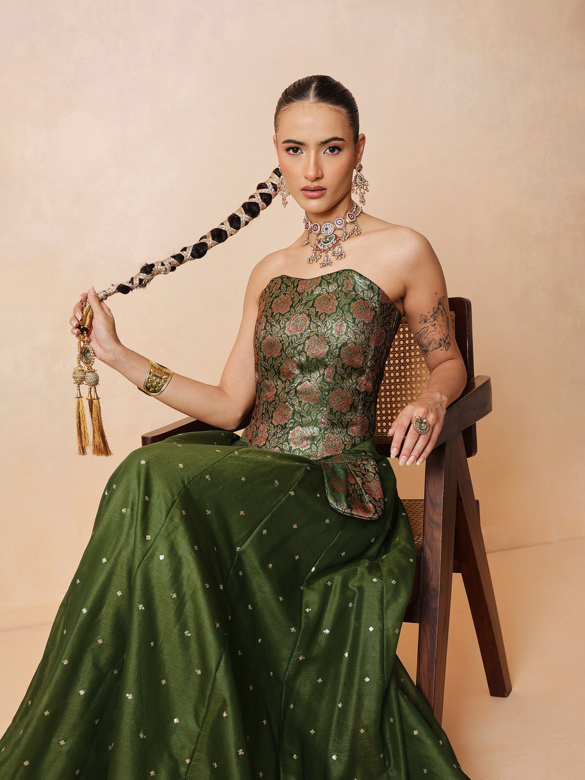 Olive Brocade Corset Top With Chanderi Anarkali Skirt -Luxe - Shae by SASSAFRAS