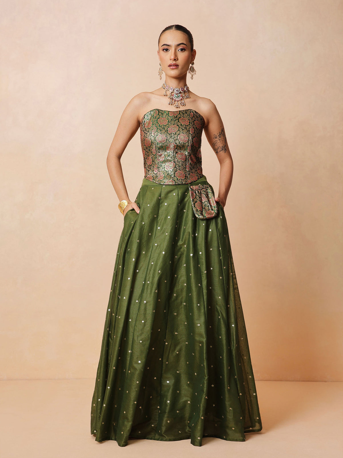 Olive Brocade Corset Top With Chanderi Anarkali Skirt -Luxe - Shae by SASSAFRAS